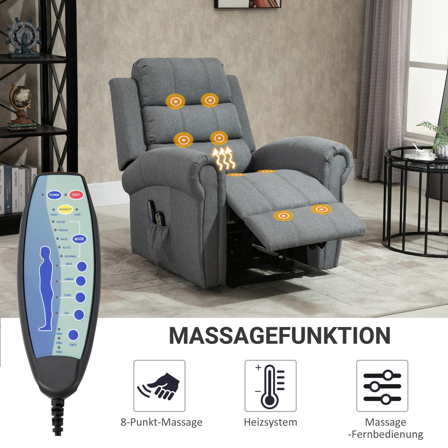 Elliftstol, Massage & Värme, Fjärrkontroll, Grå Linne