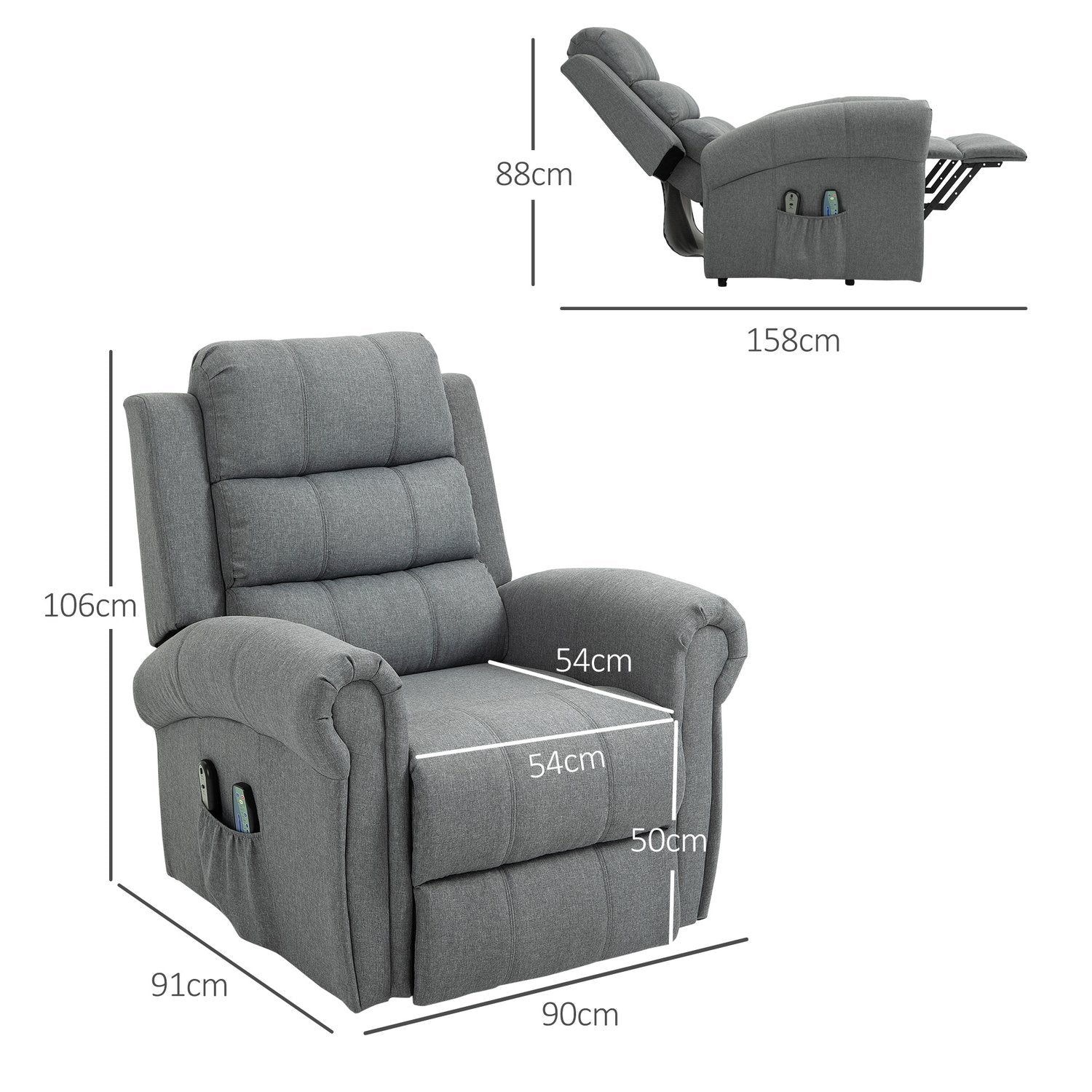 Elliftstol, Massage & Värme, Fjärrkontroll, Grå Linne