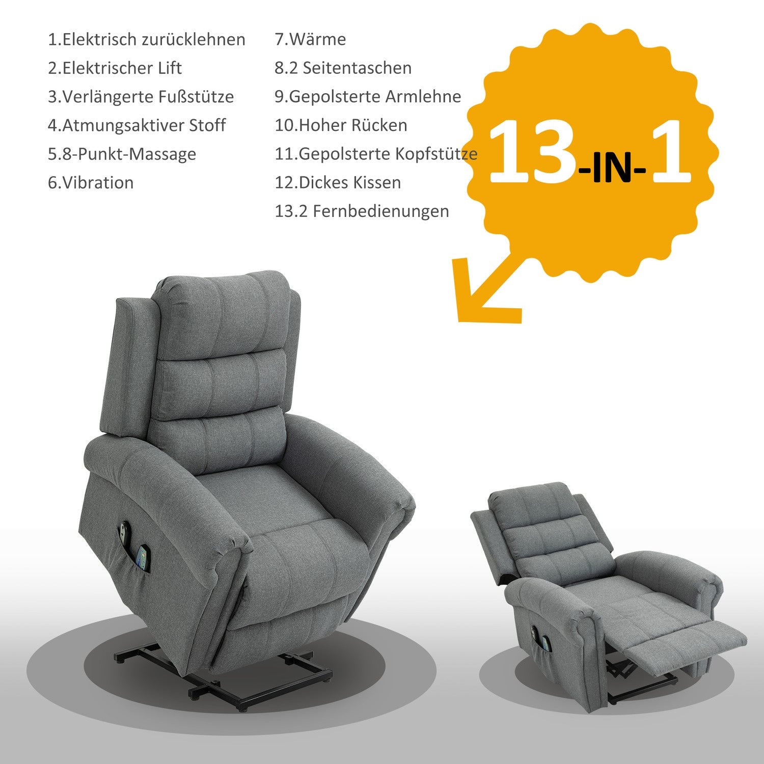 Elliftstol, Massage & Värme, Fjärrkontroll, Grå Linne
