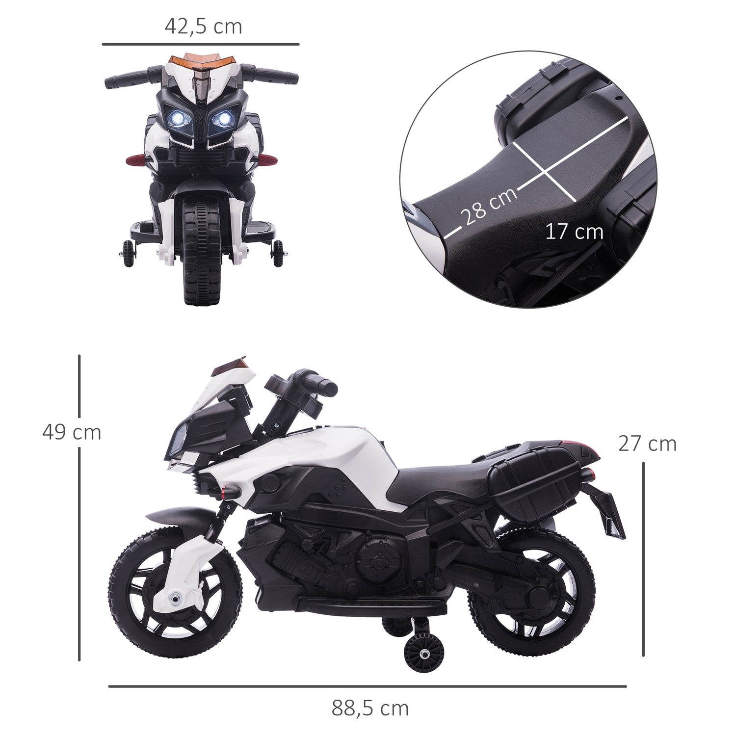 Elmotorcykel för barn 6V, LED-lampor, Svart/Vit