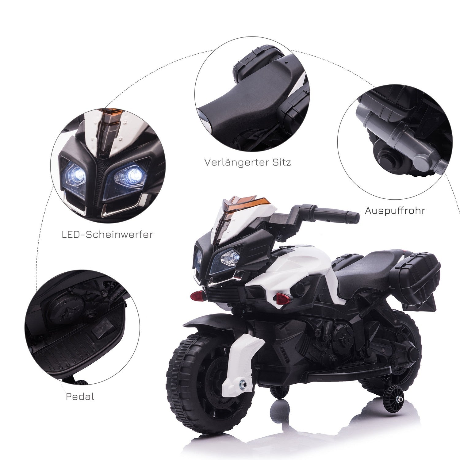 Elmotorcykel för barn 6V, LED-lampor, Svart/Vit