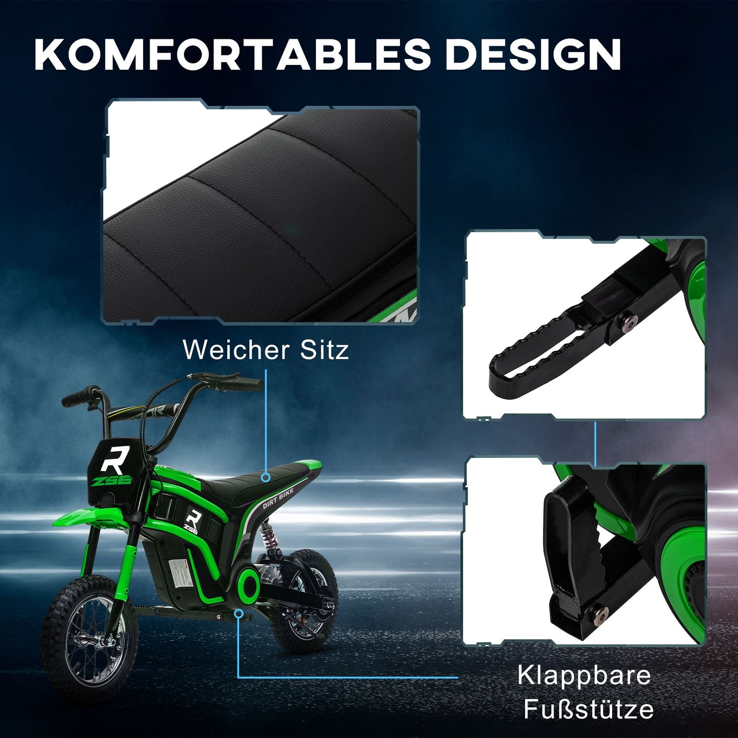 Elmotorcykel för barn, 12V, Horn & Ljus, Grön