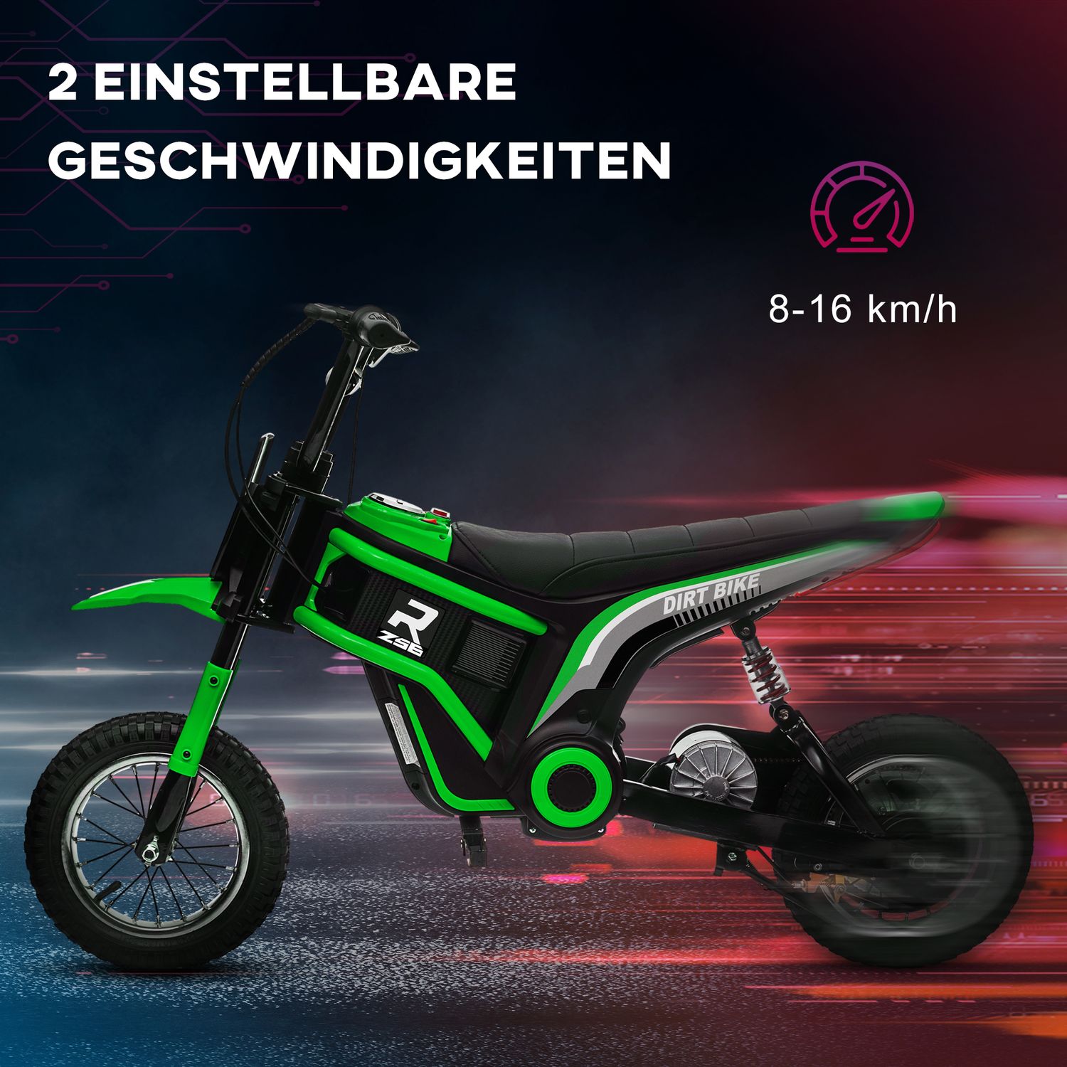 Elmotorcykel för barn, 12V, Horn & Ljus, Grön