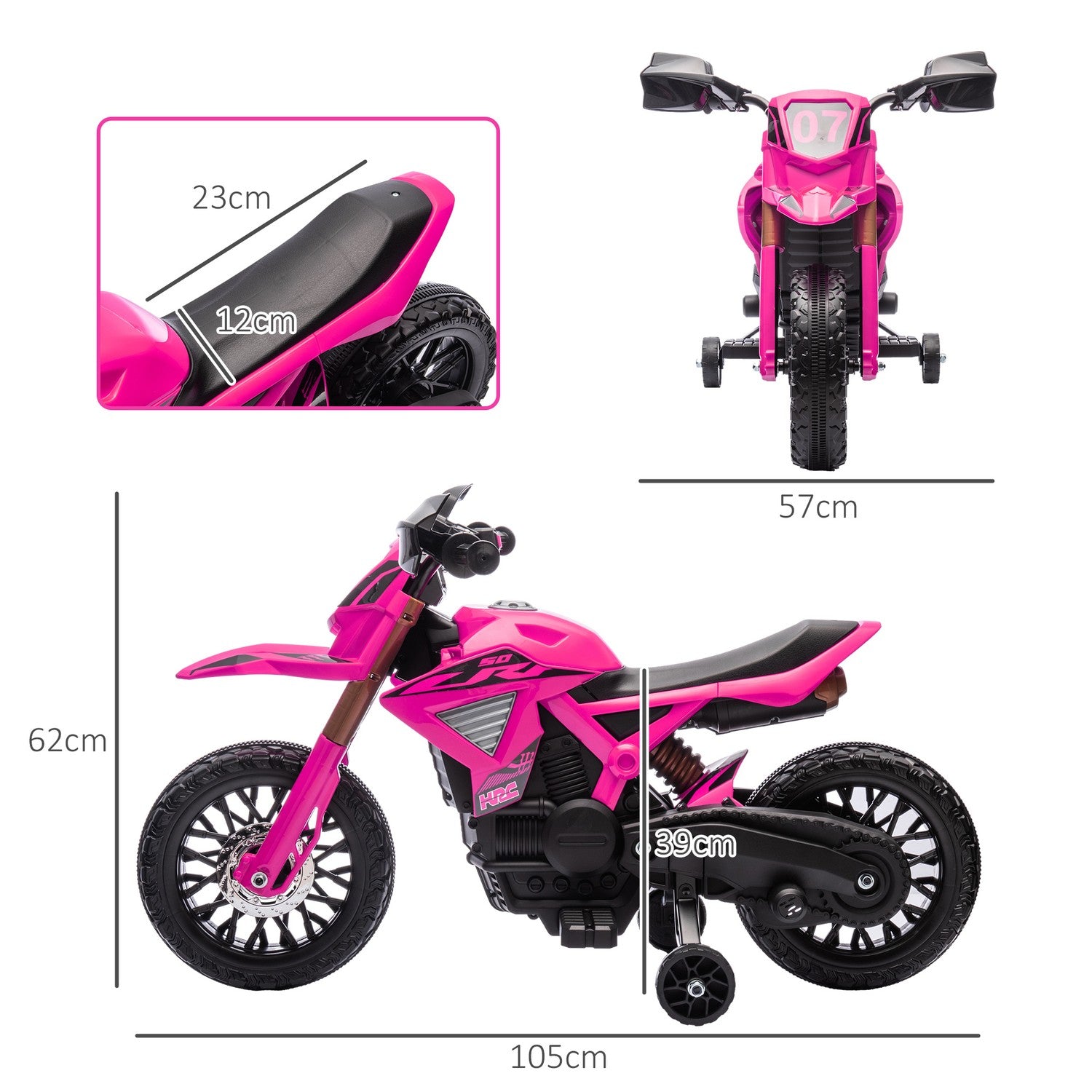 Elmotorcykel för barn, 12V, rosa, med träningshjul