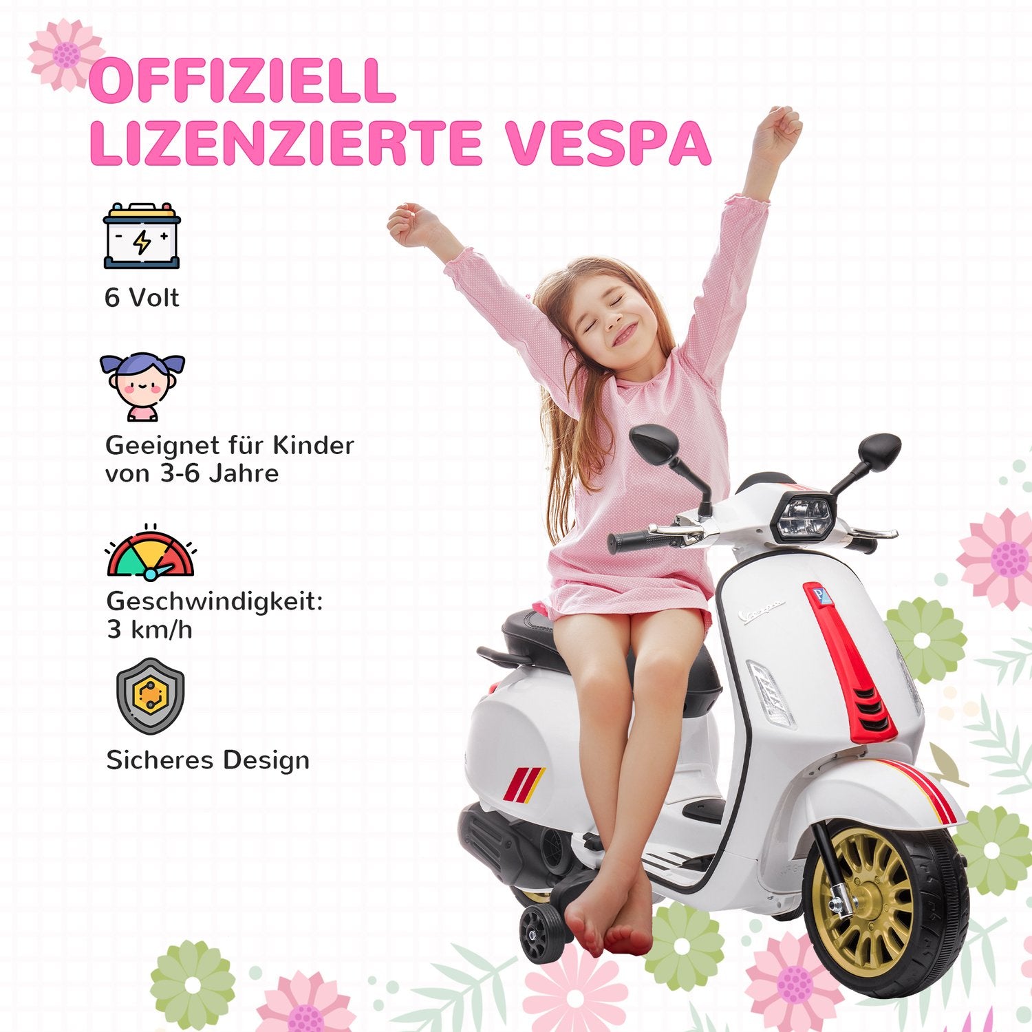 Barns 6V elmotorcykel med MP3, LED, USB, Vit