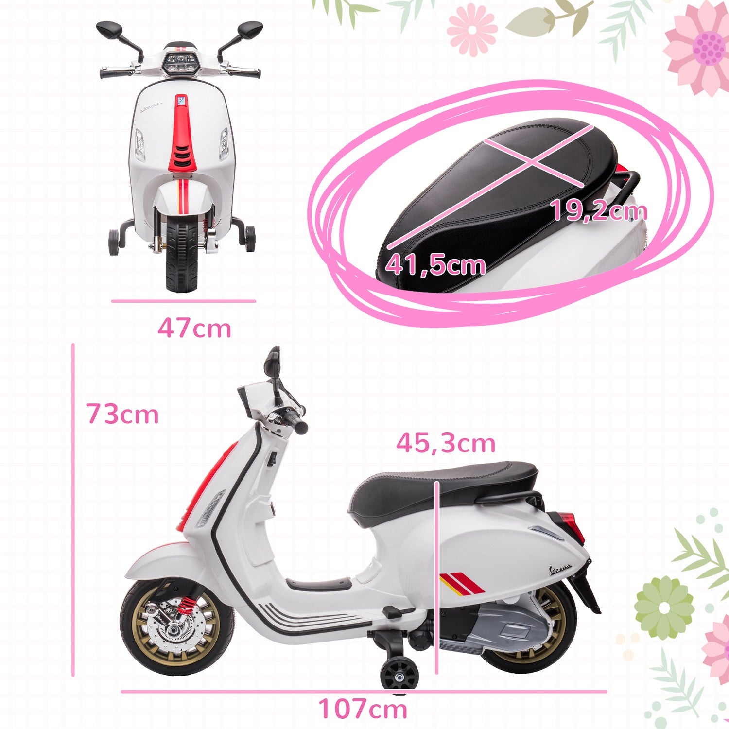 Barns 6V elmotorcykel med MP3, LED, USB, Vit