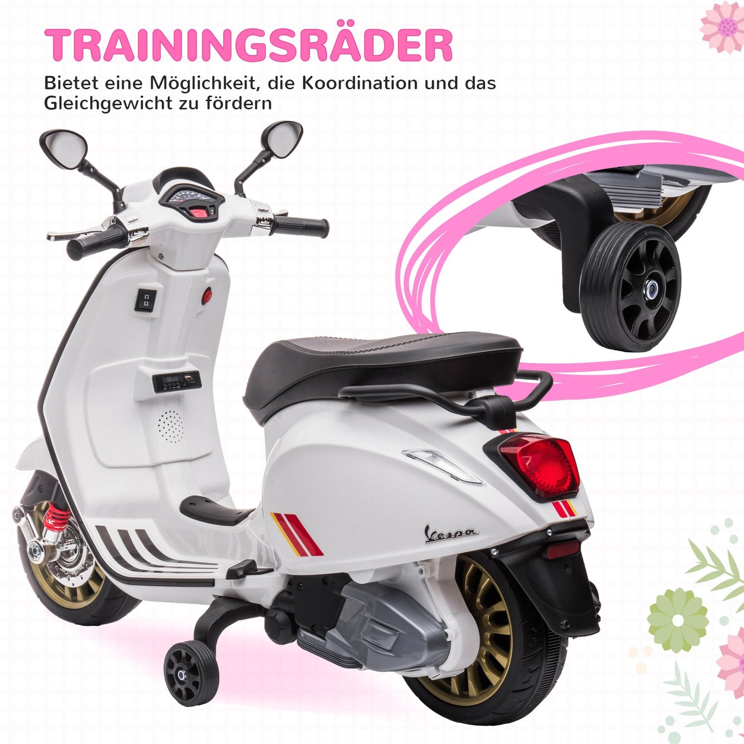 Barns 6V elmotorcykel med MP3, LED, USB, Vit