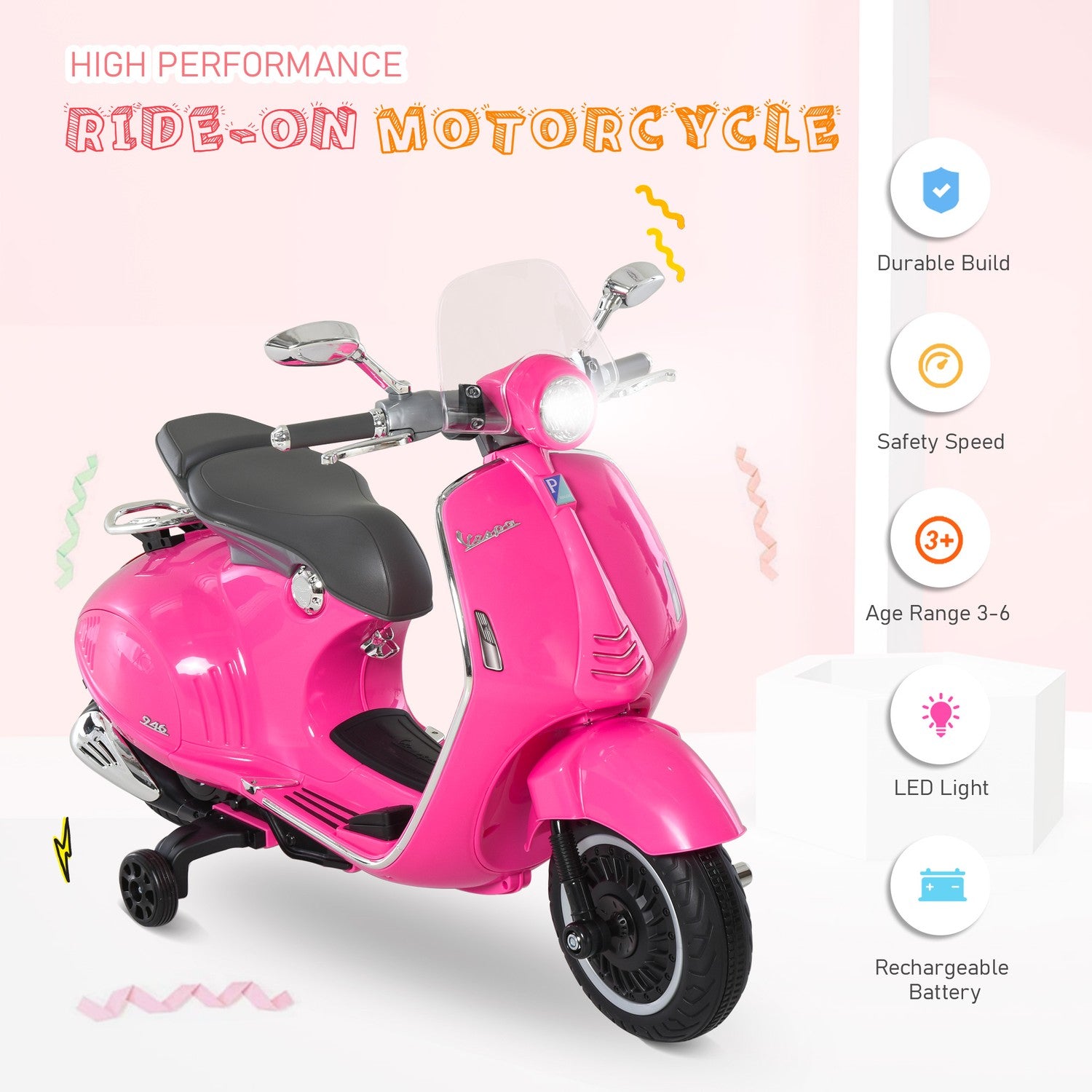 Rosa 6V elmotorcykel för barn med ljus och musik