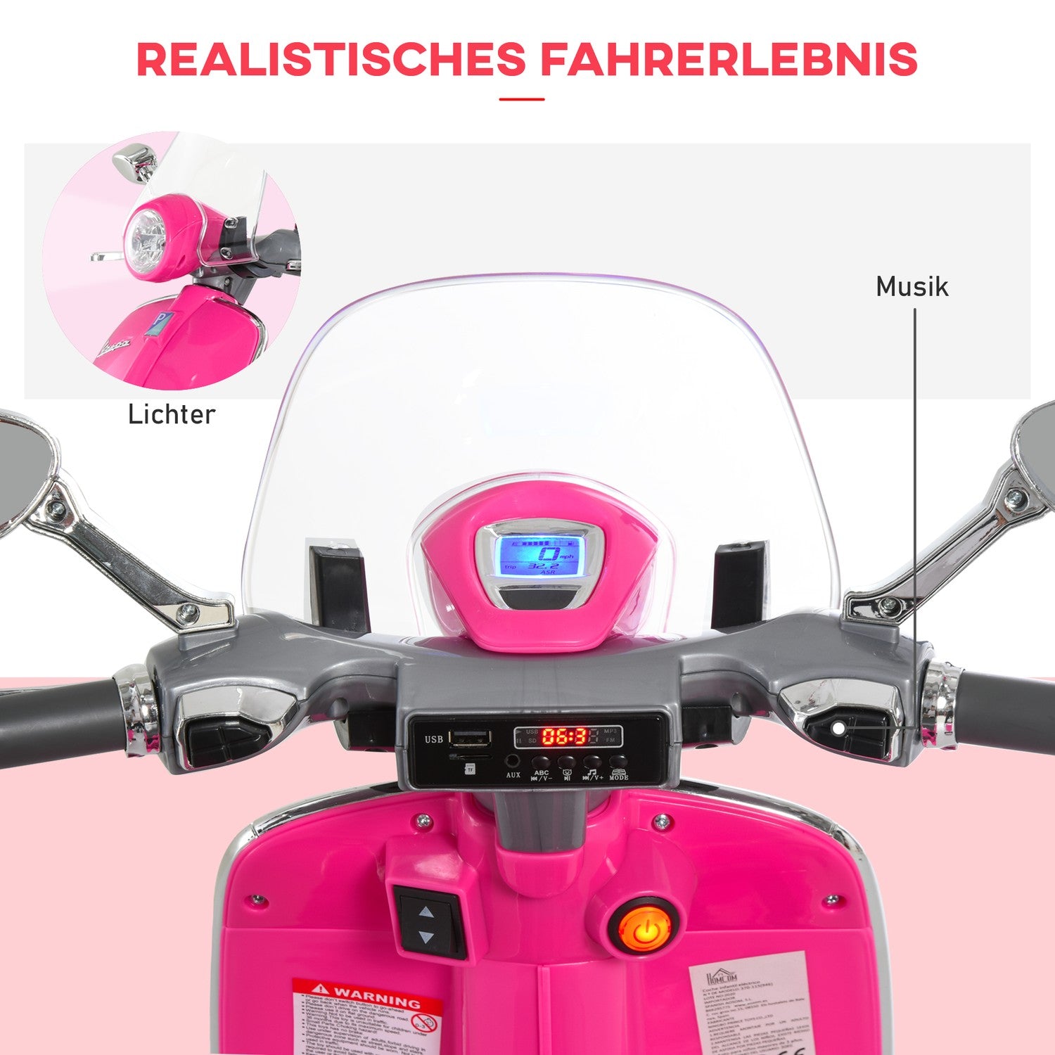 Rosa 6V elmotorcykel för barn med ljus och musik