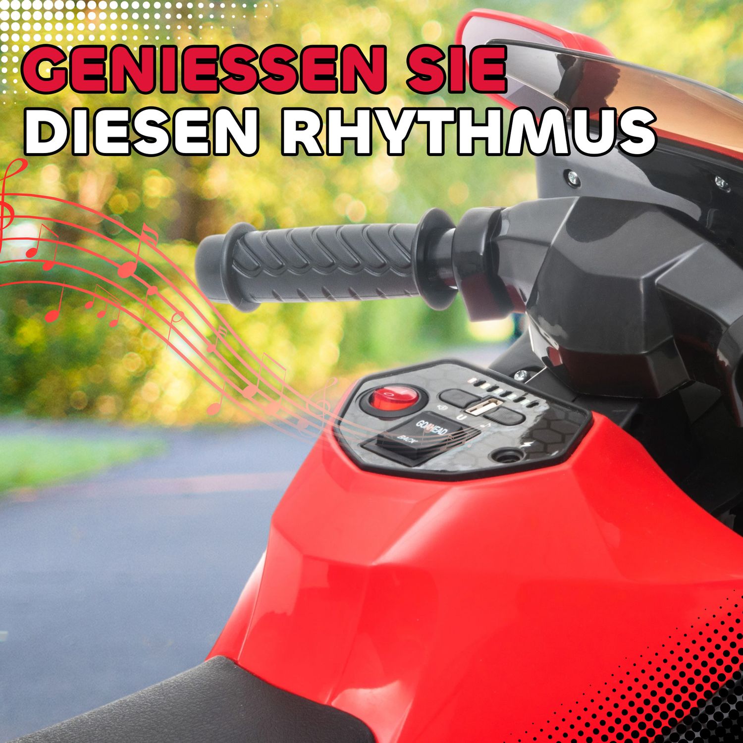 Elmotorcykel för barn, Tuta, Strålkastare, Musik, Röd