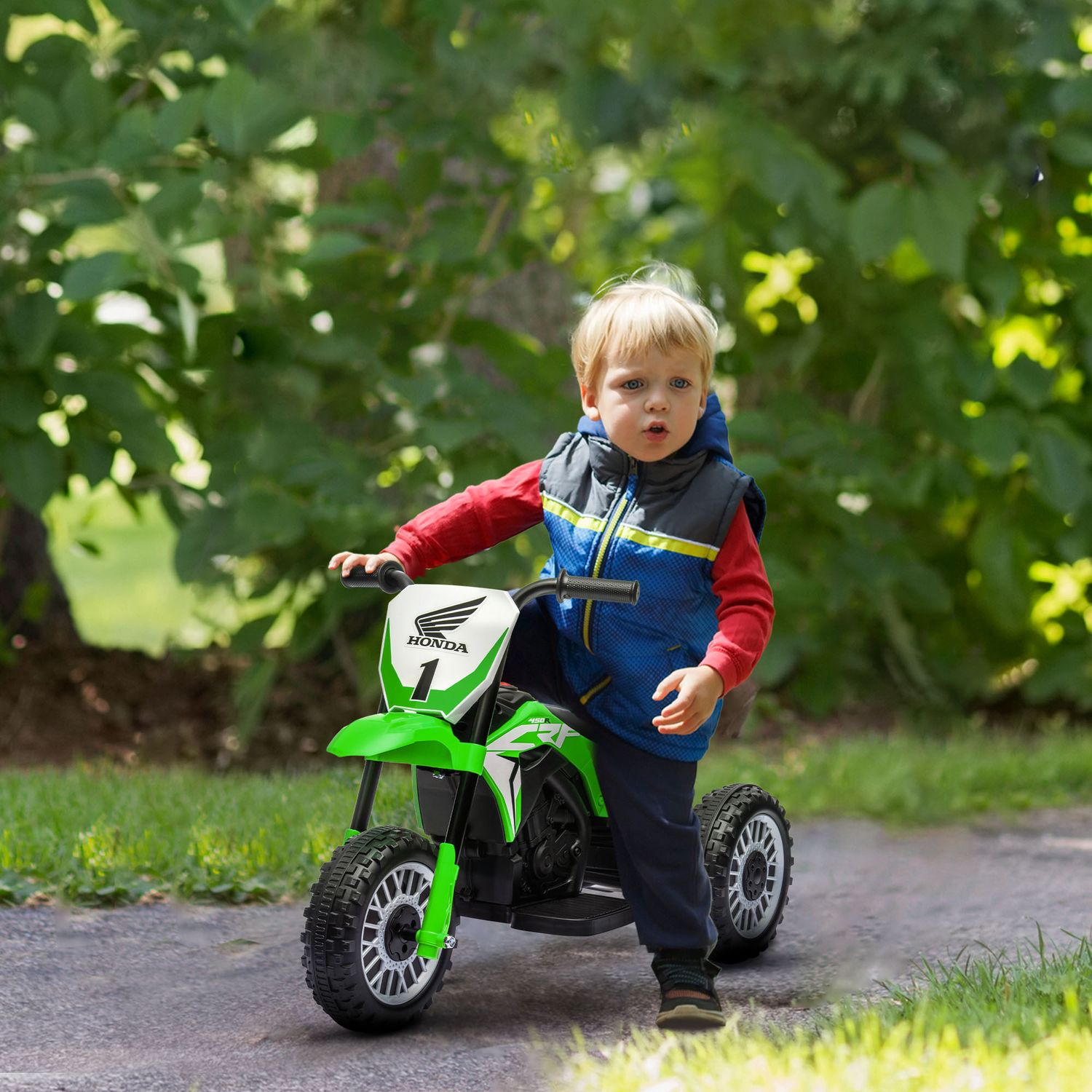 Elmotorcykel för barn, grön, 6V, med horn och musik