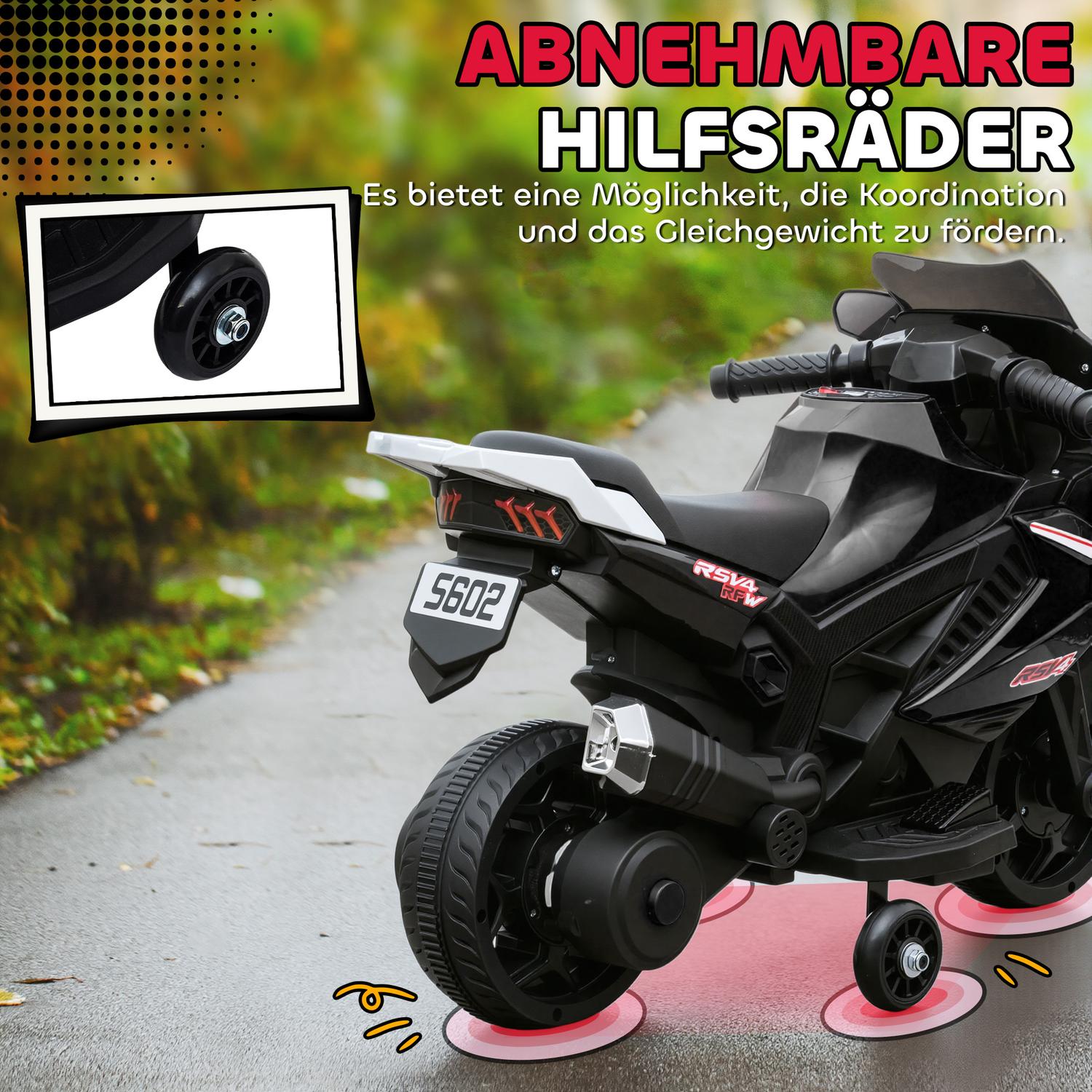 Elmotorcykel för barn, tuta, strålkastare, musik, svart