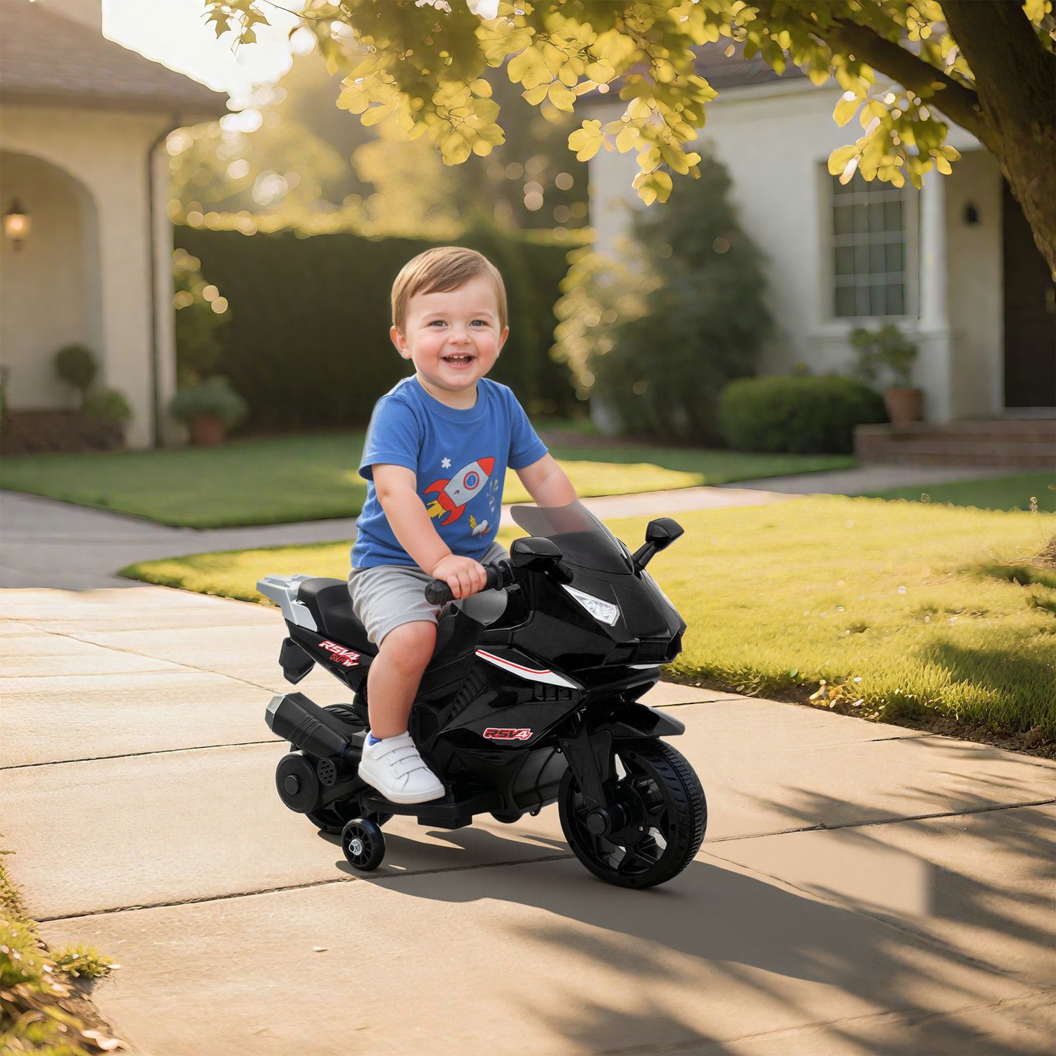 Elmotorcykel för barn, tuta, strålkastare, musik, svart