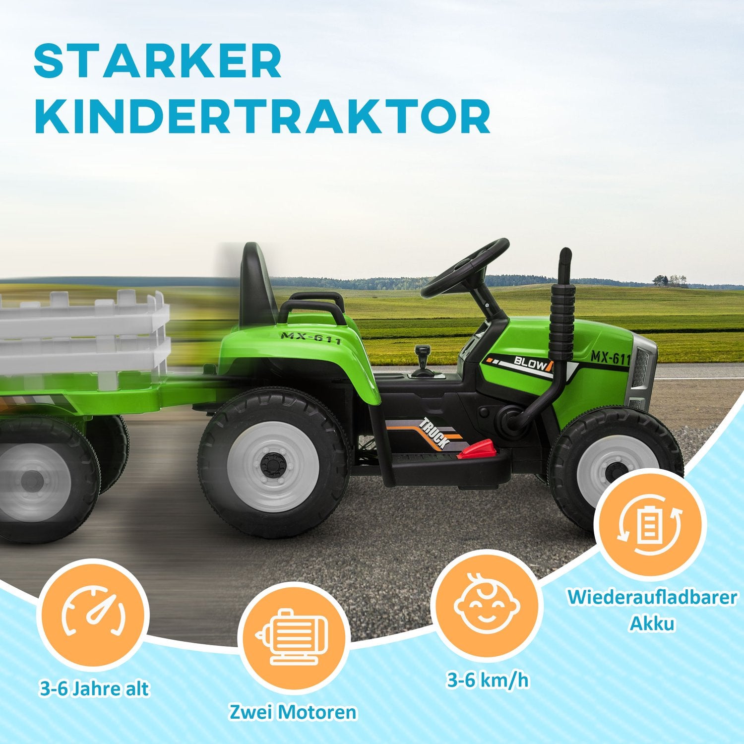 Elektrisk åktraktor för barn med släp och fjärrkontroll