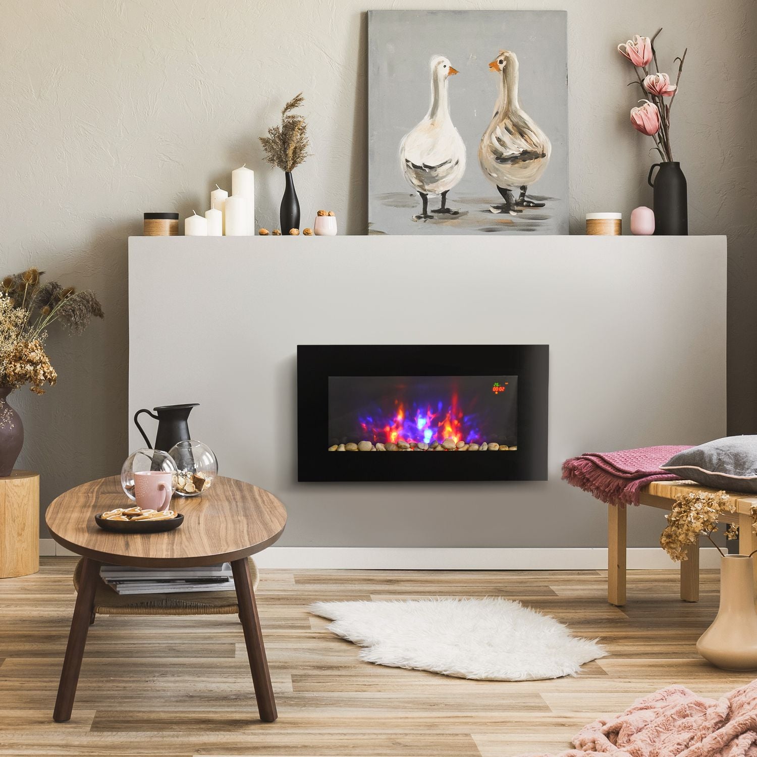 Elvägg öppen spis, Fjärrkontroll, LED Flame, Svart