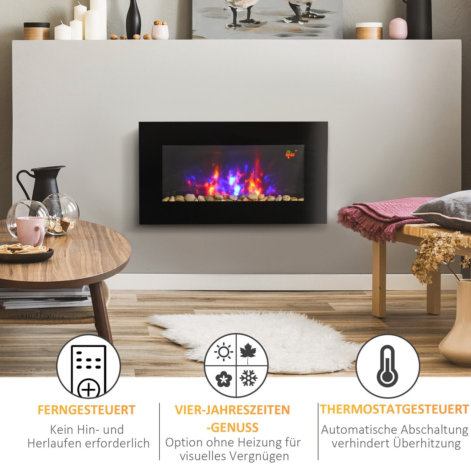 Elvägg öppen spis, Fjärrkontroll, LED Flame, Svart