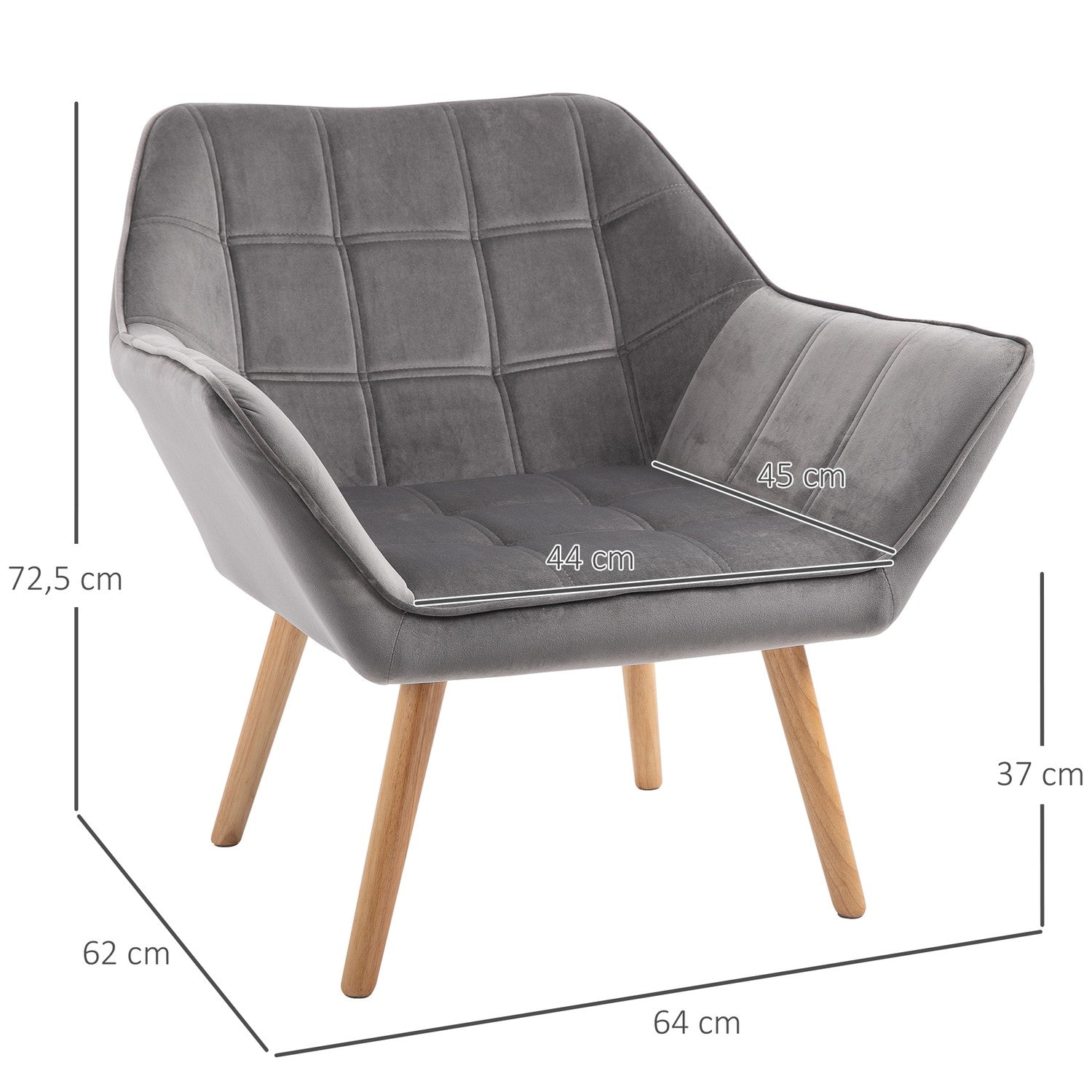 Sammetsliknande grå skandinavisk fåtölj, upphöjda ben, 64 x 62 x 72,5 cm