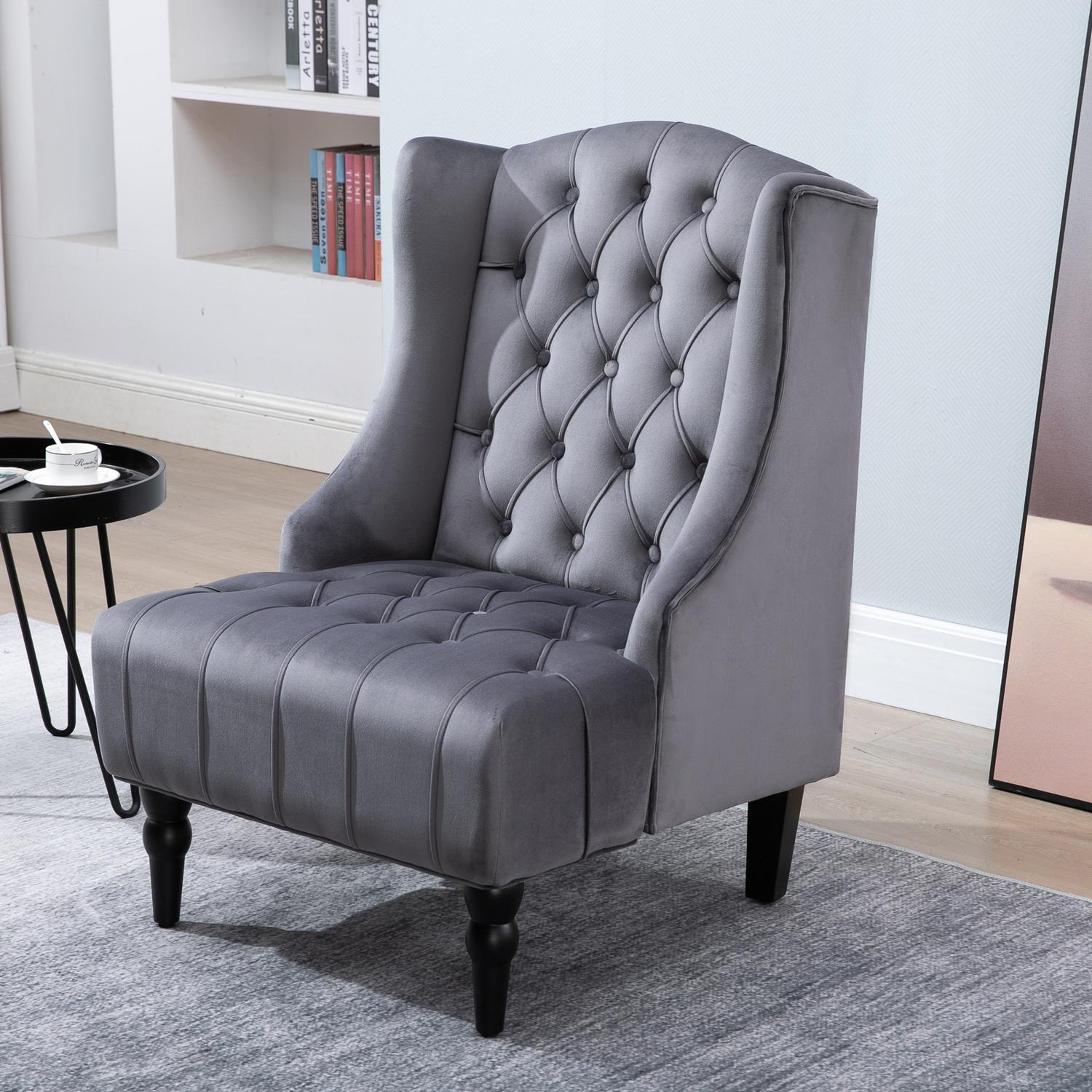 Grey Velvet Tufted Wing Chair – Bekväm avkopplingssits