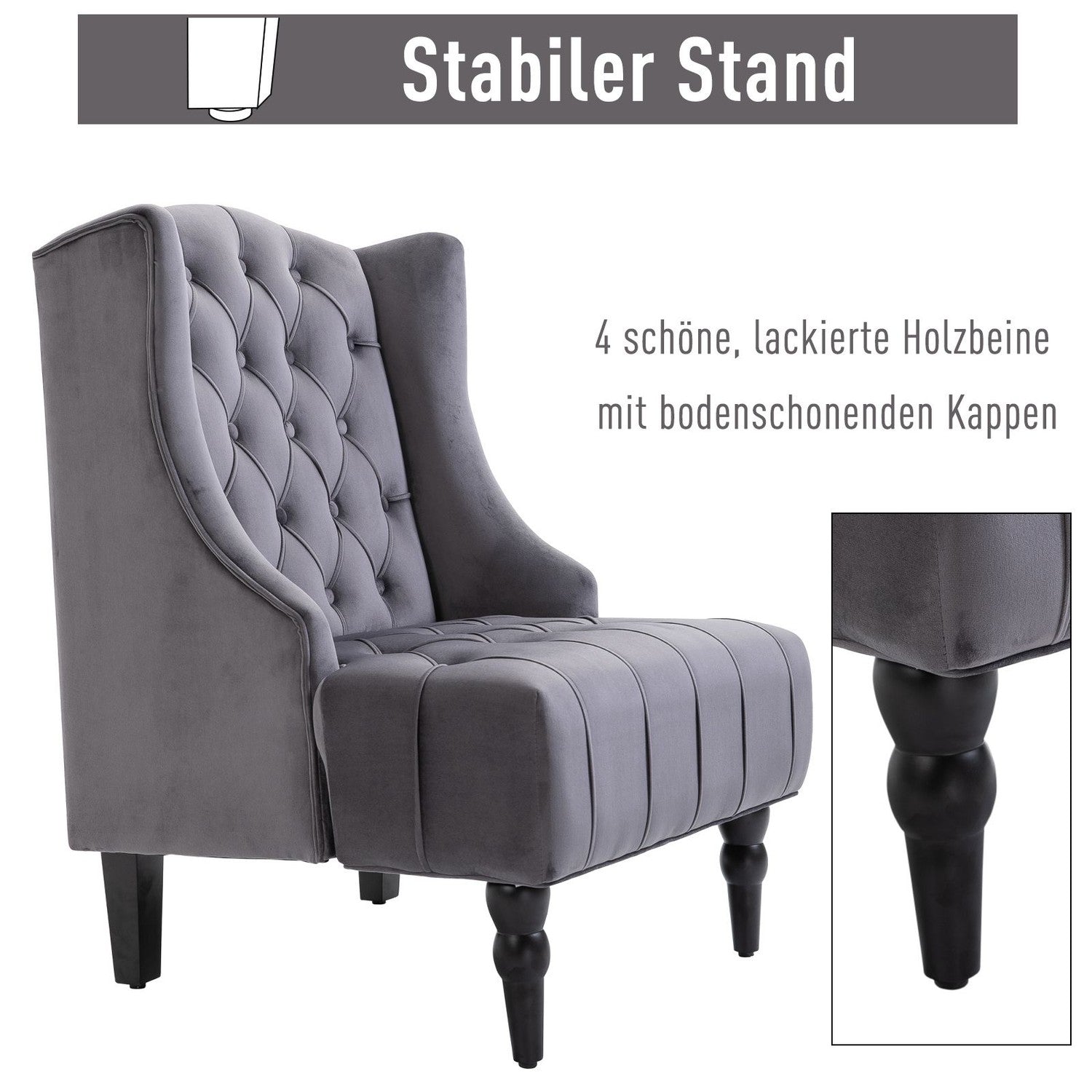 Grey Velvet Tufted Wing Chair – Bekväm avkopplingssits