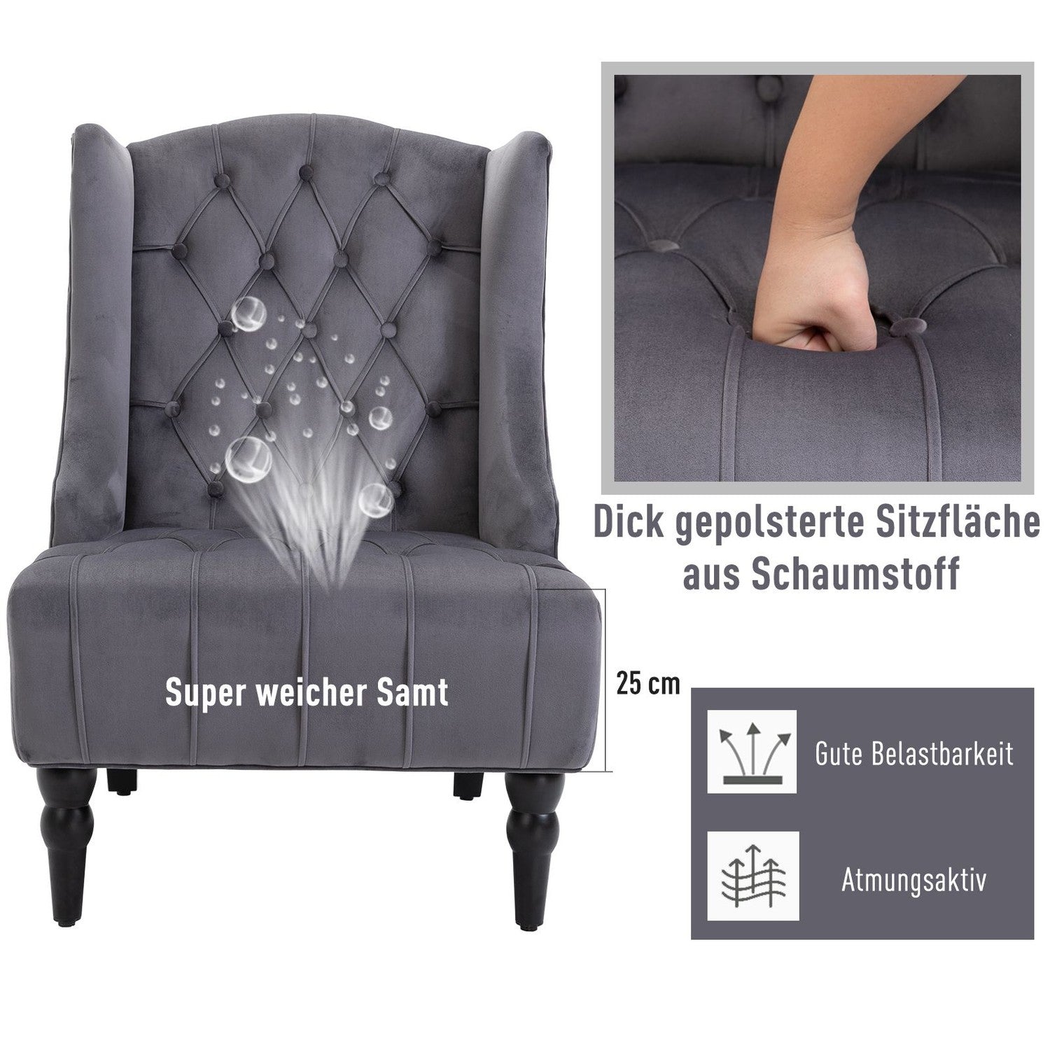 Grey Velvet Tufted Wing Chair – Bekväm avkopplingssits