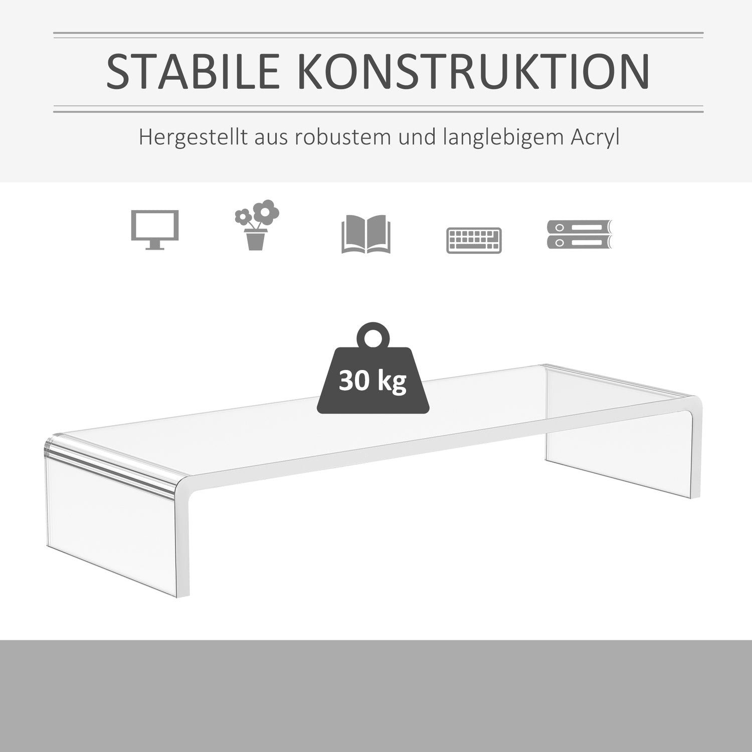 Ergonomiskt monitorstativ i akryl, Transparent, 53x19x9cm