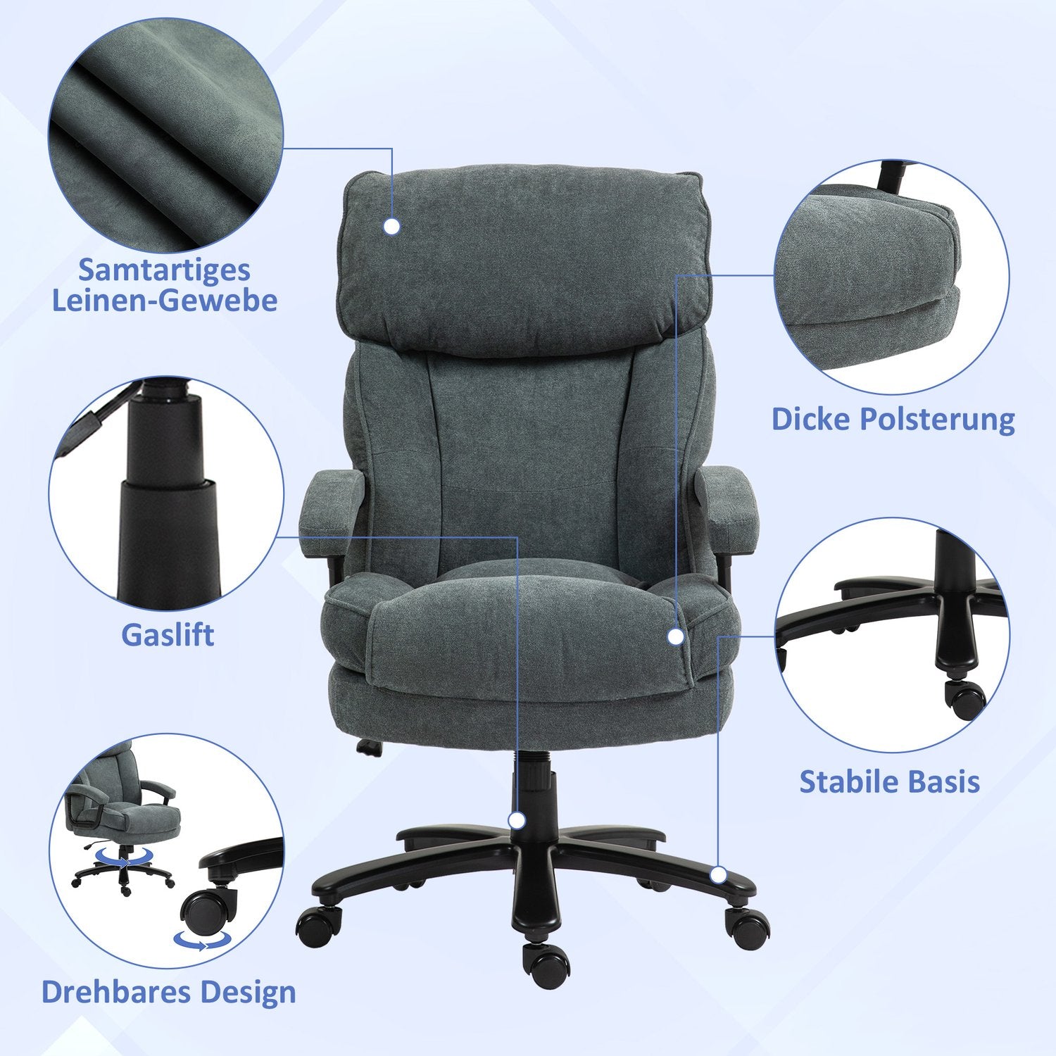 Ergonomisk grå kontorsstol, linnelook, höjdjusterbar