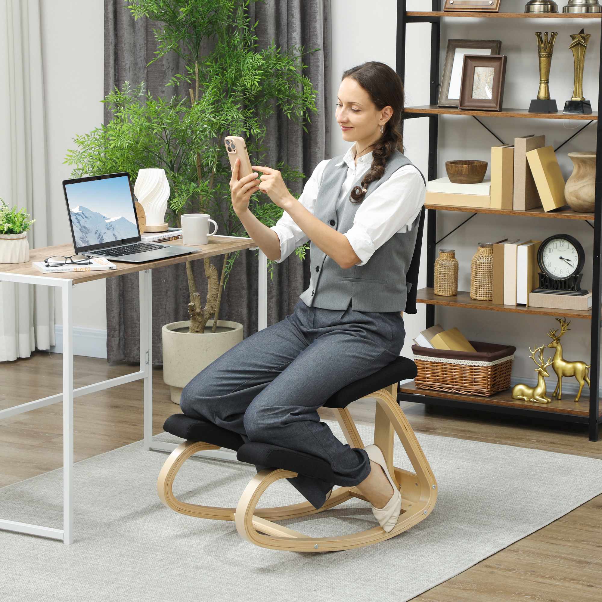 Ergonomisk knäböjstol, björkträ, svart, för hemmabruk och kontor