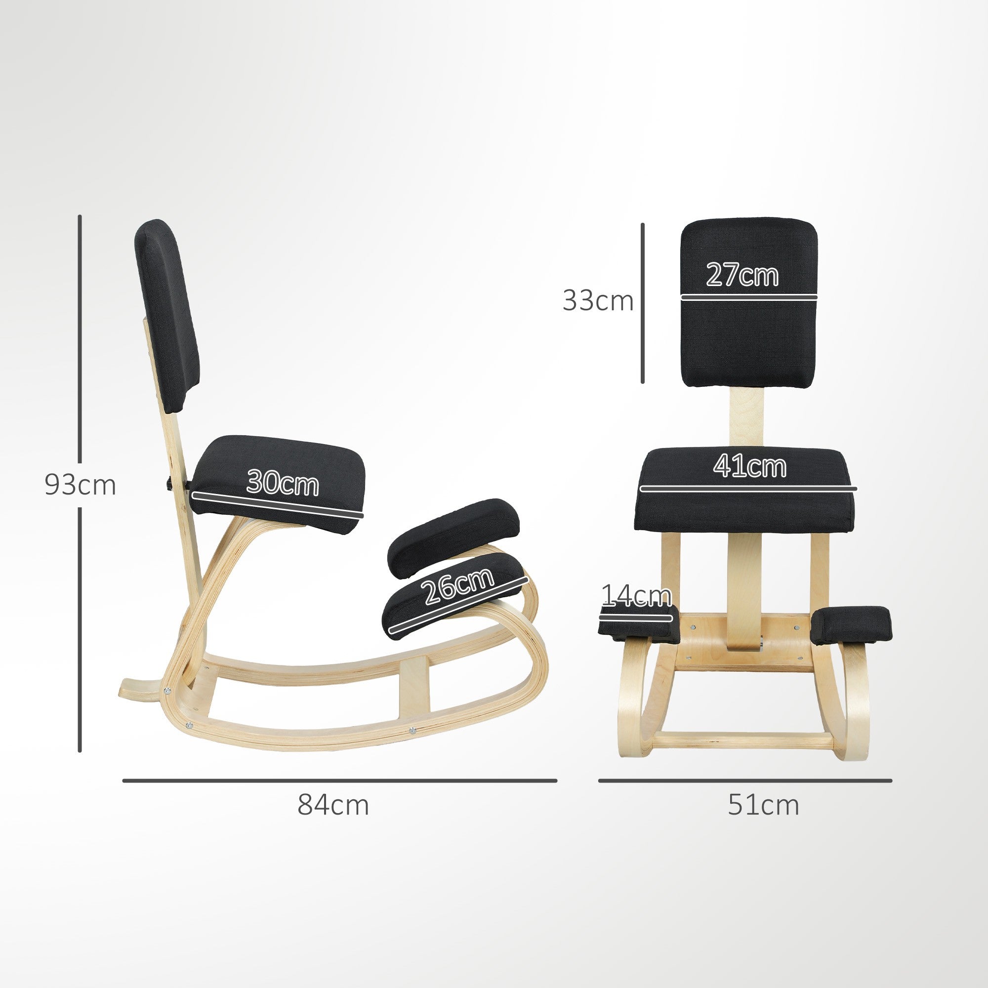 Ergonomisk knäböjstol, björkträ, svart, för hemmabruk och kontor