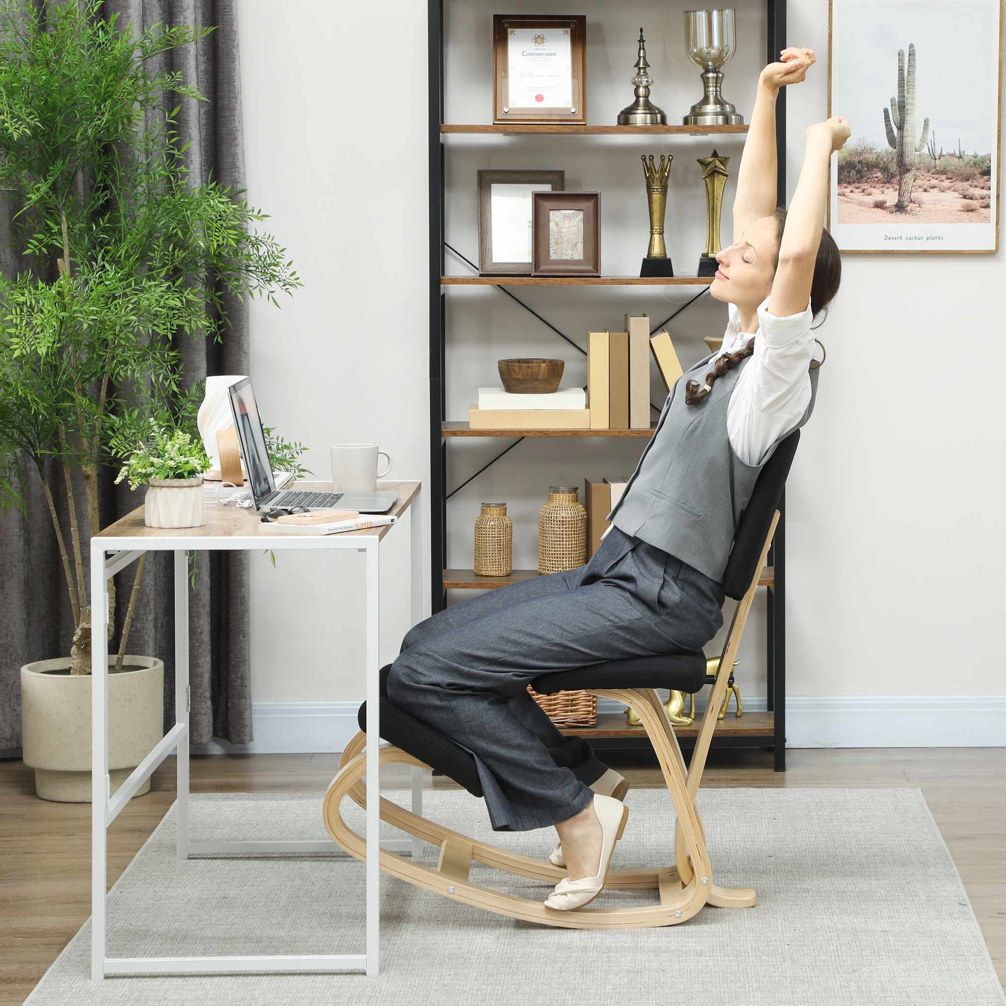 Ergonomisk knäböjstol, björkträ, svart, för hemmabruk och kontor