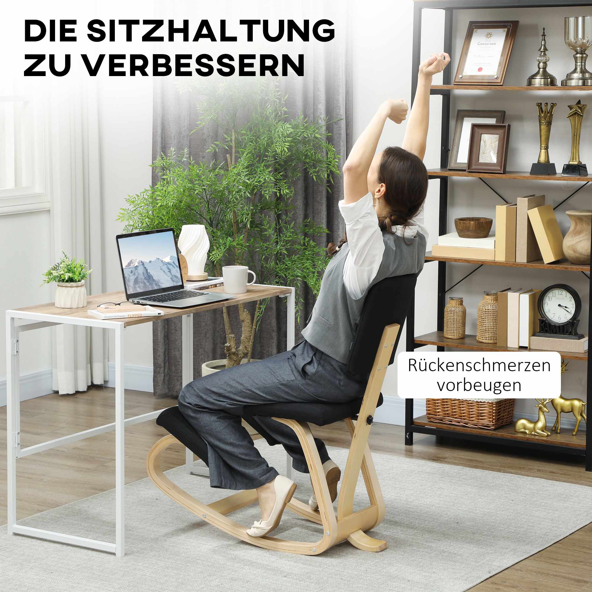 Ergonomisk knäböjstol, björkträ, svart, för hemmabruk och kontor