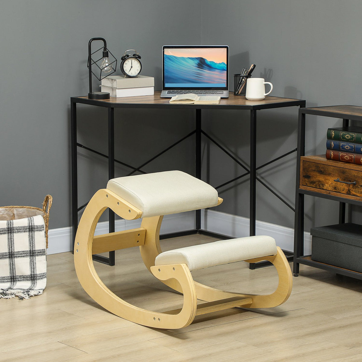 Ergonomisk knestol for bedre holdning, gyngedesign, kremhvit