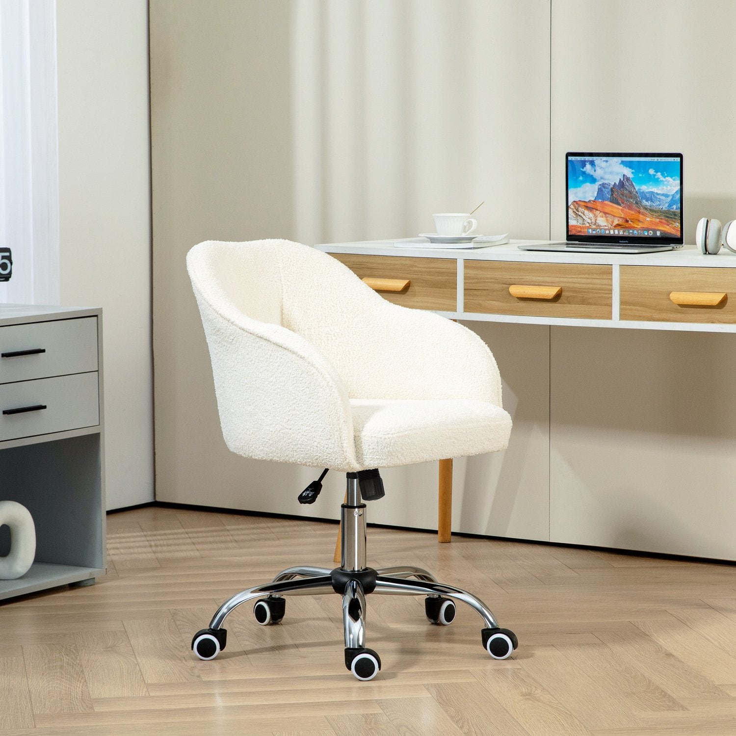 Ergonomisk kontorsstol, Krämvit Teddy Fleece, Justerbar höjd