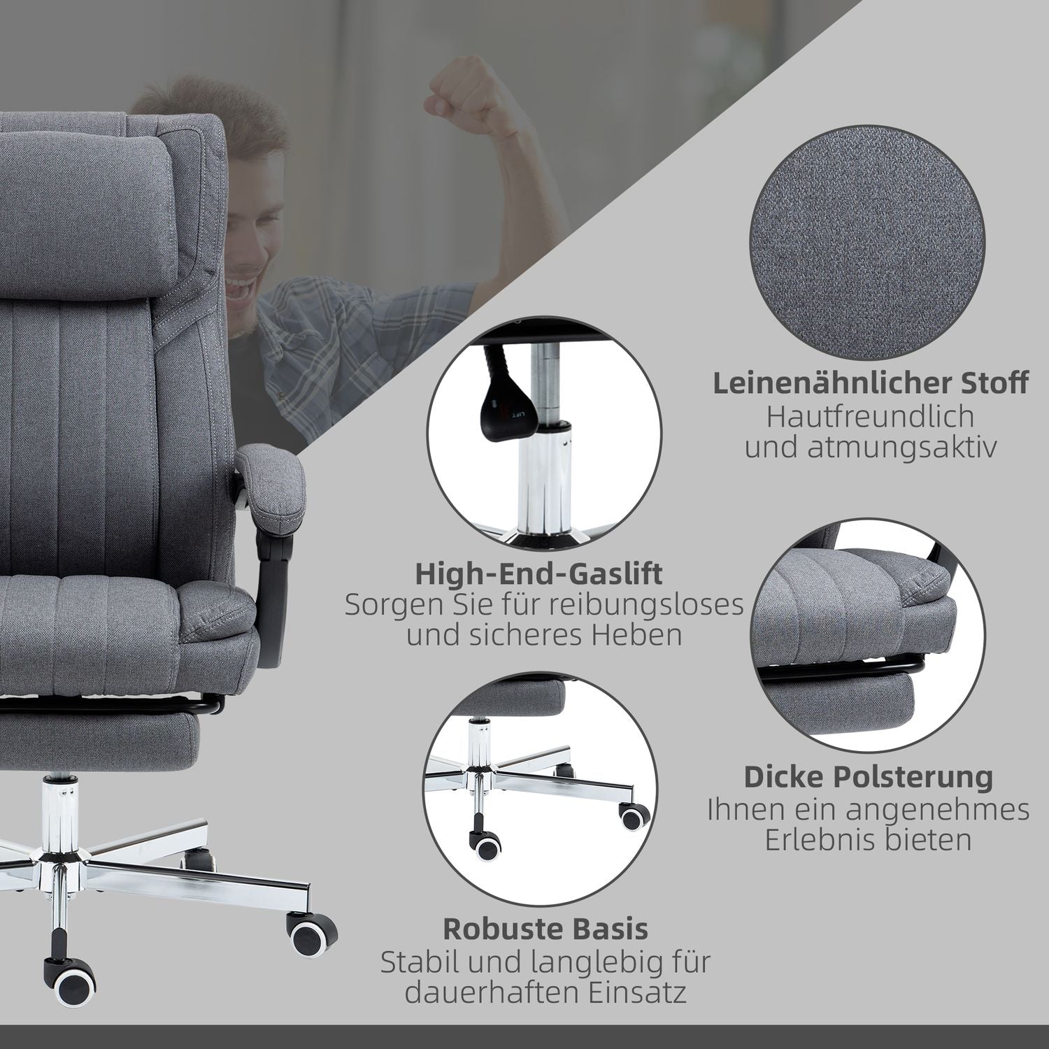 Ergonomisk kontorsstol, Liggande, Massage, Grå
