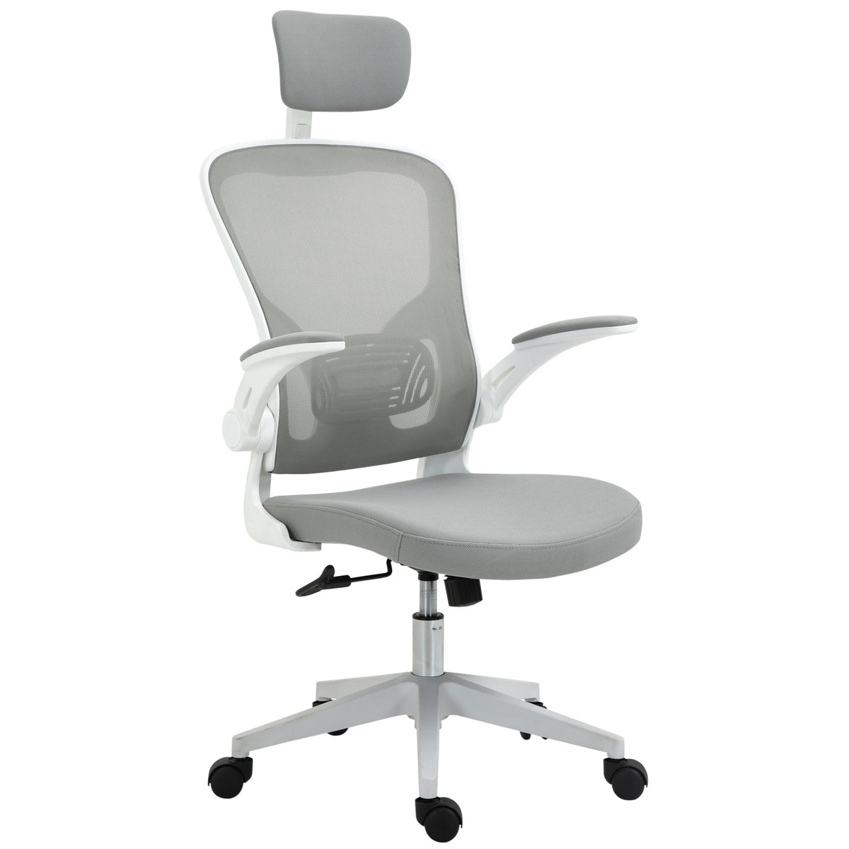 Ergonomisk kontorstol, høy rygg med korsryggstøtte, grå