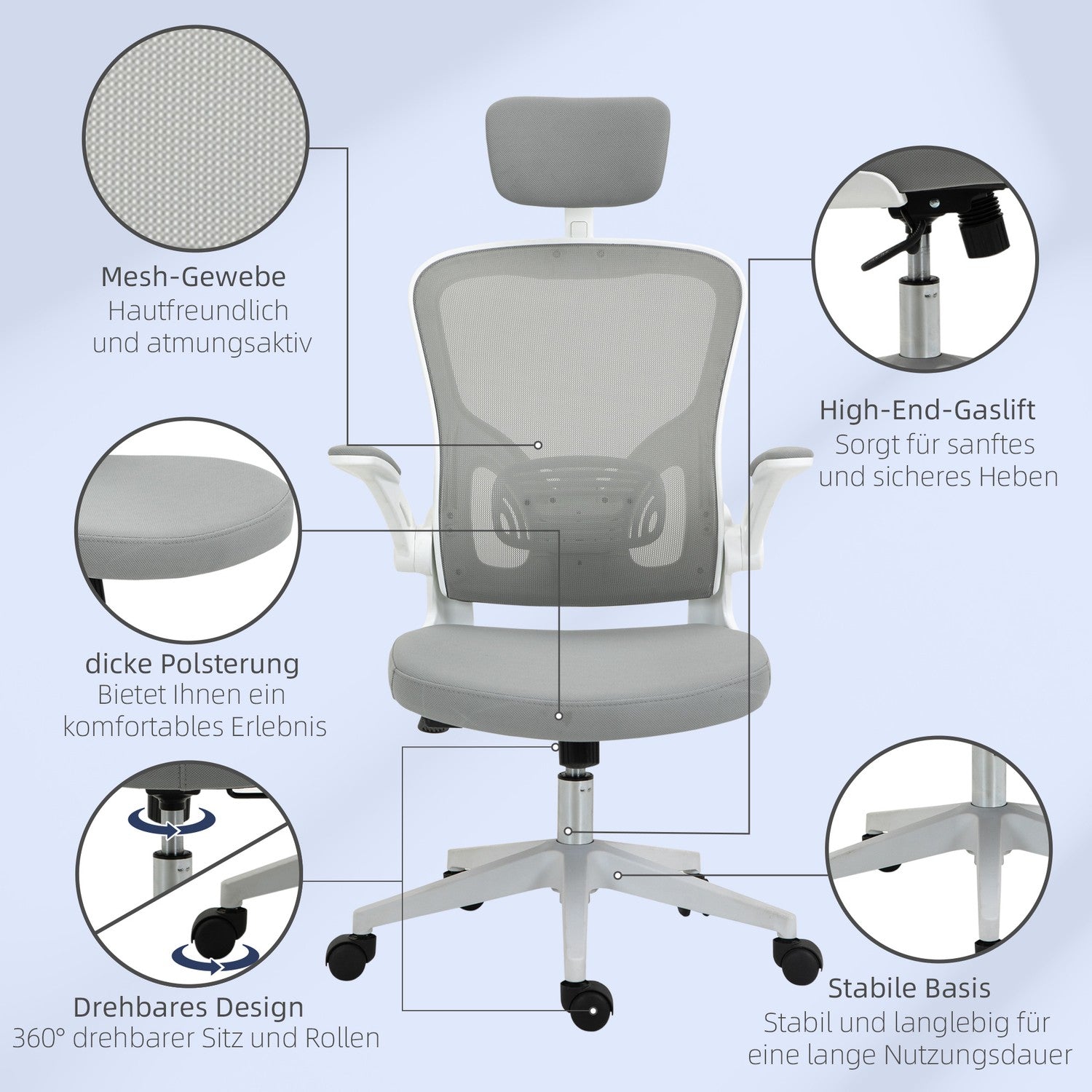 Ergonomisk kontorstol, høy rygg med korsryggstøtte, grå
