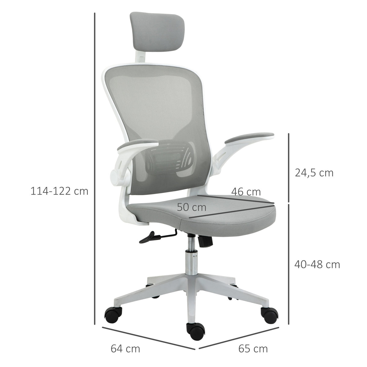 Ergonomisk kontorstol, høy rygg med korsryggstøtte, grå