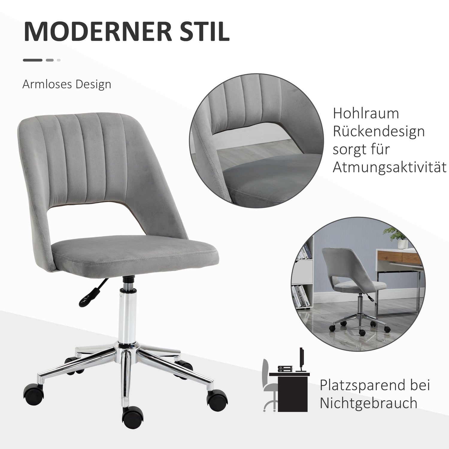 Ergonomisk kontorsstol i grå sammet med justerbar höjd