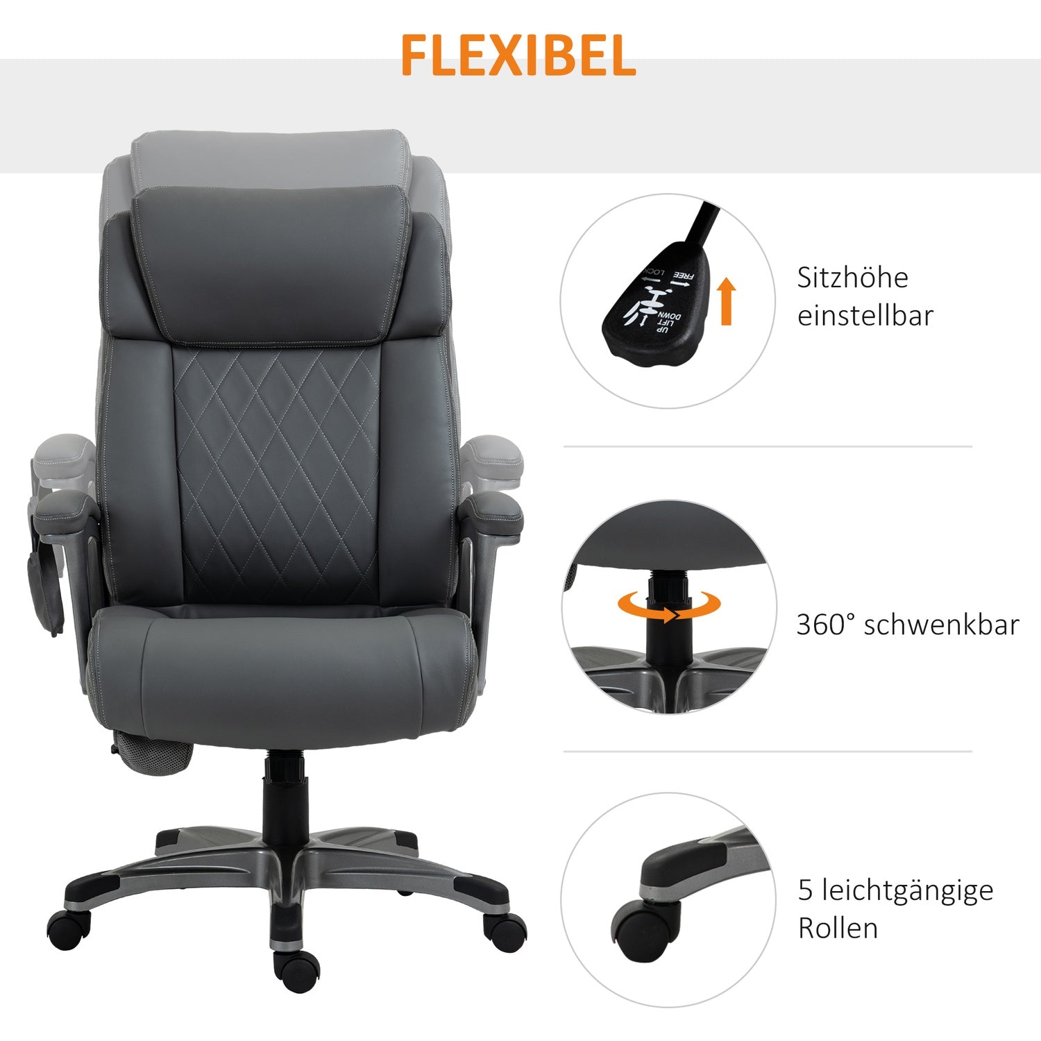 Ergonomisk kontorsstol i grått konstläder med massage