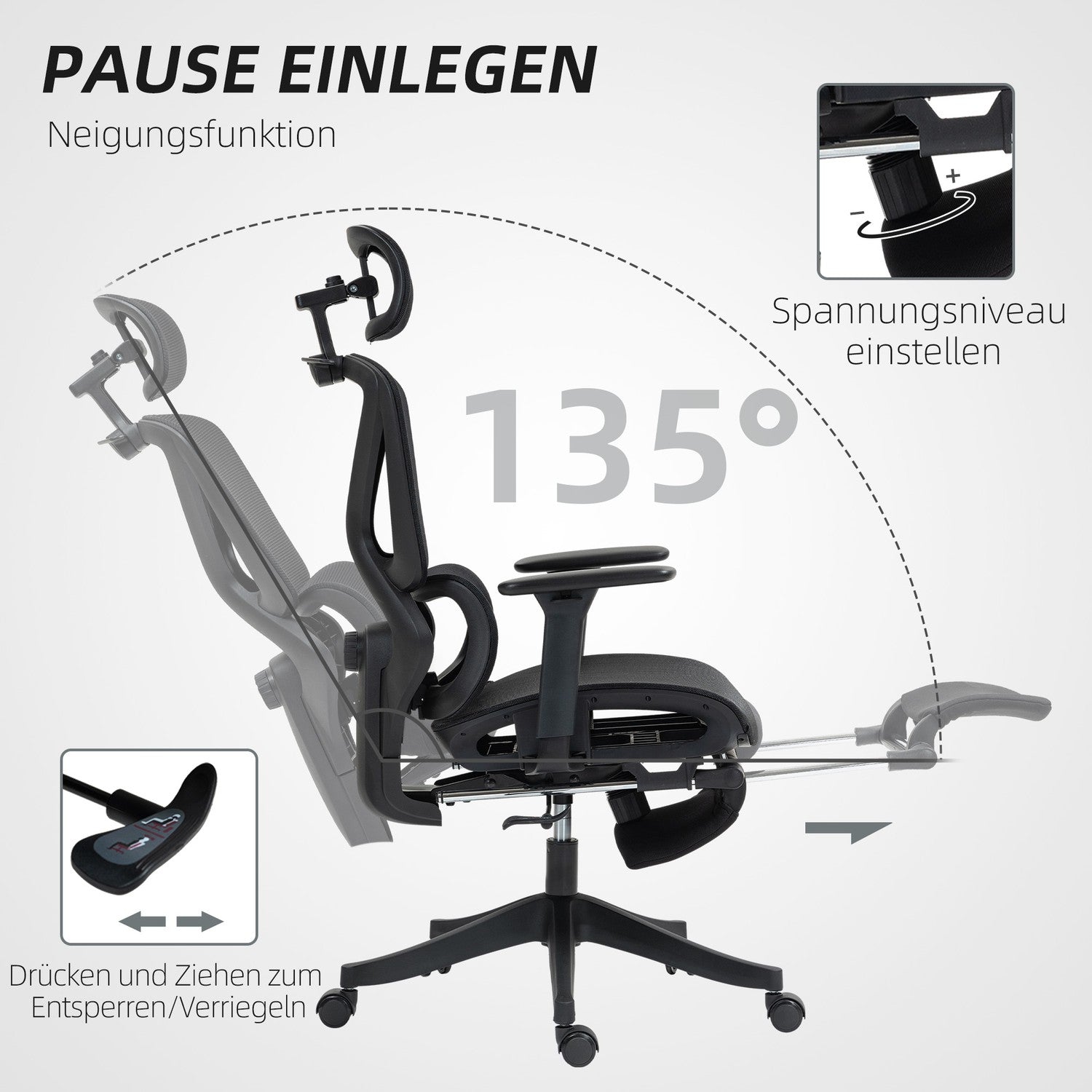 Ergonomisk kontorsstol, justerbar, 135° lutning, svart