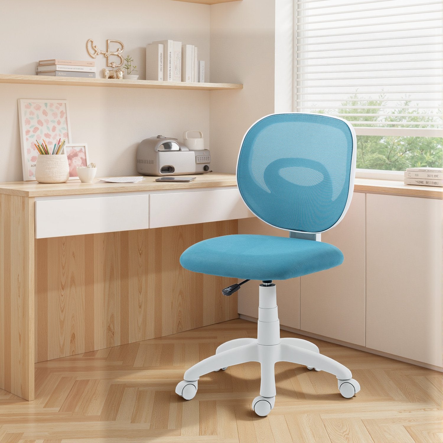 Ergonomisk kontorsstol, justerbar höjd, blått nät