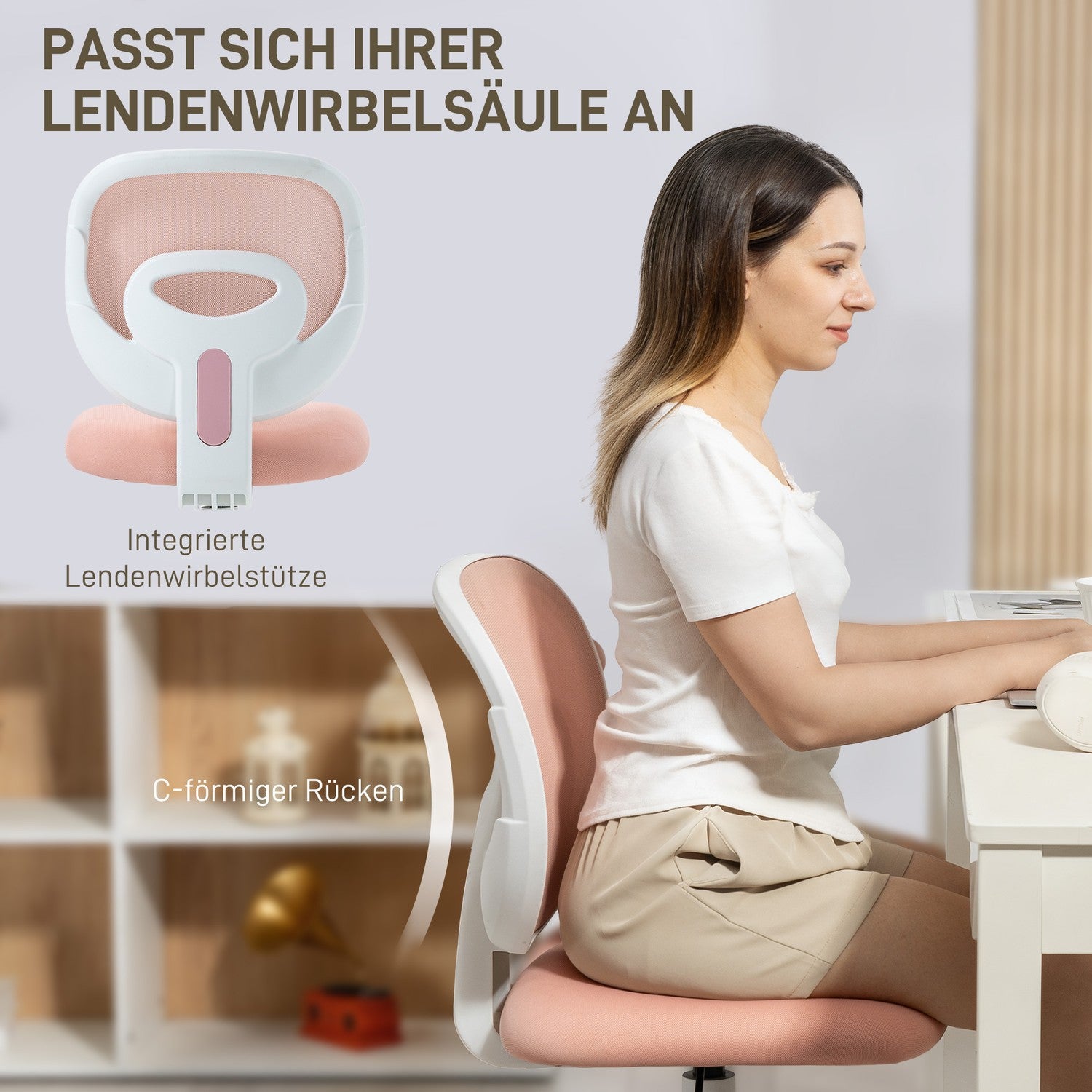 Ergonomisk kontorsstol, justerbar höjd, rosa