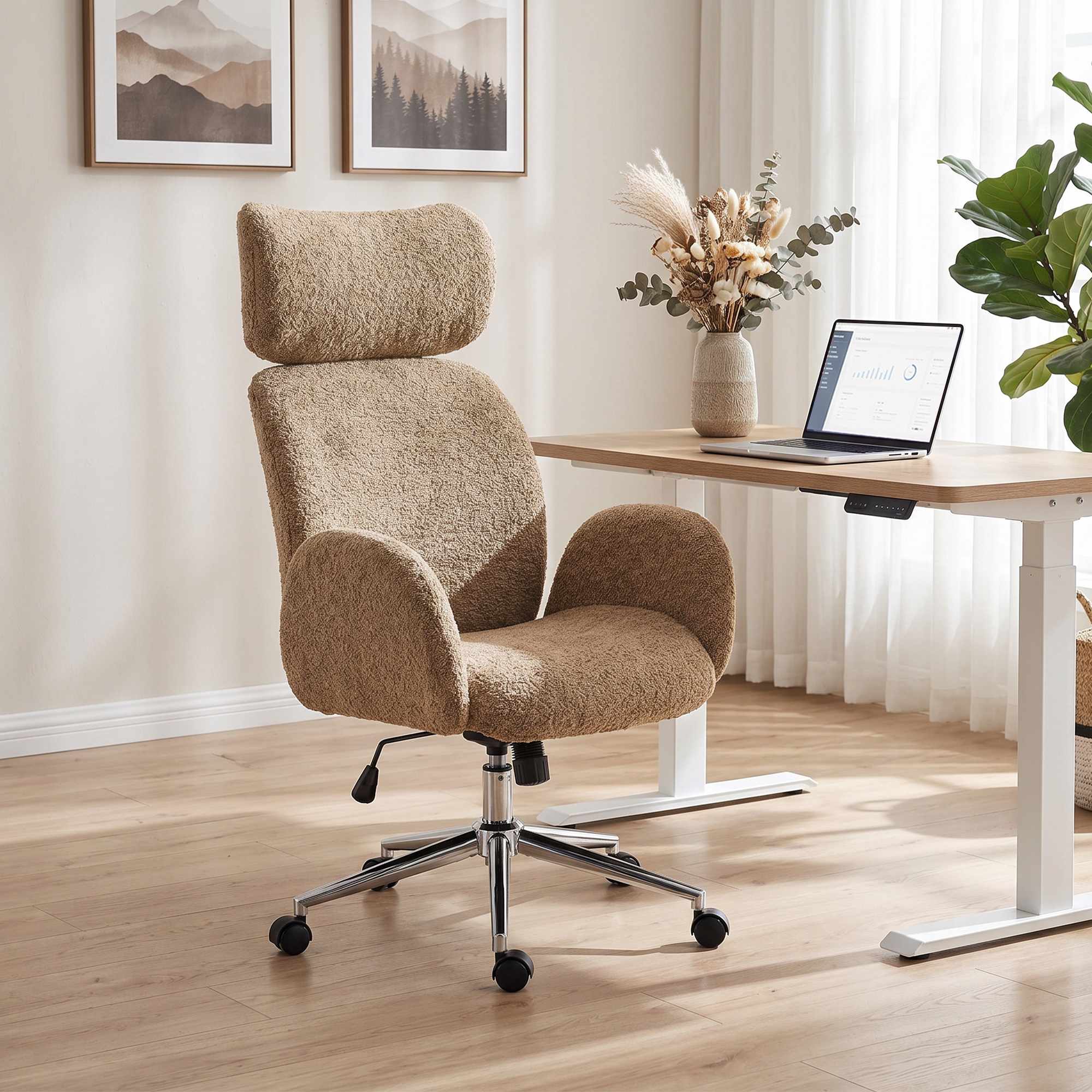 Ergonomisk kontorsstol, justerbart nackstöd, brun