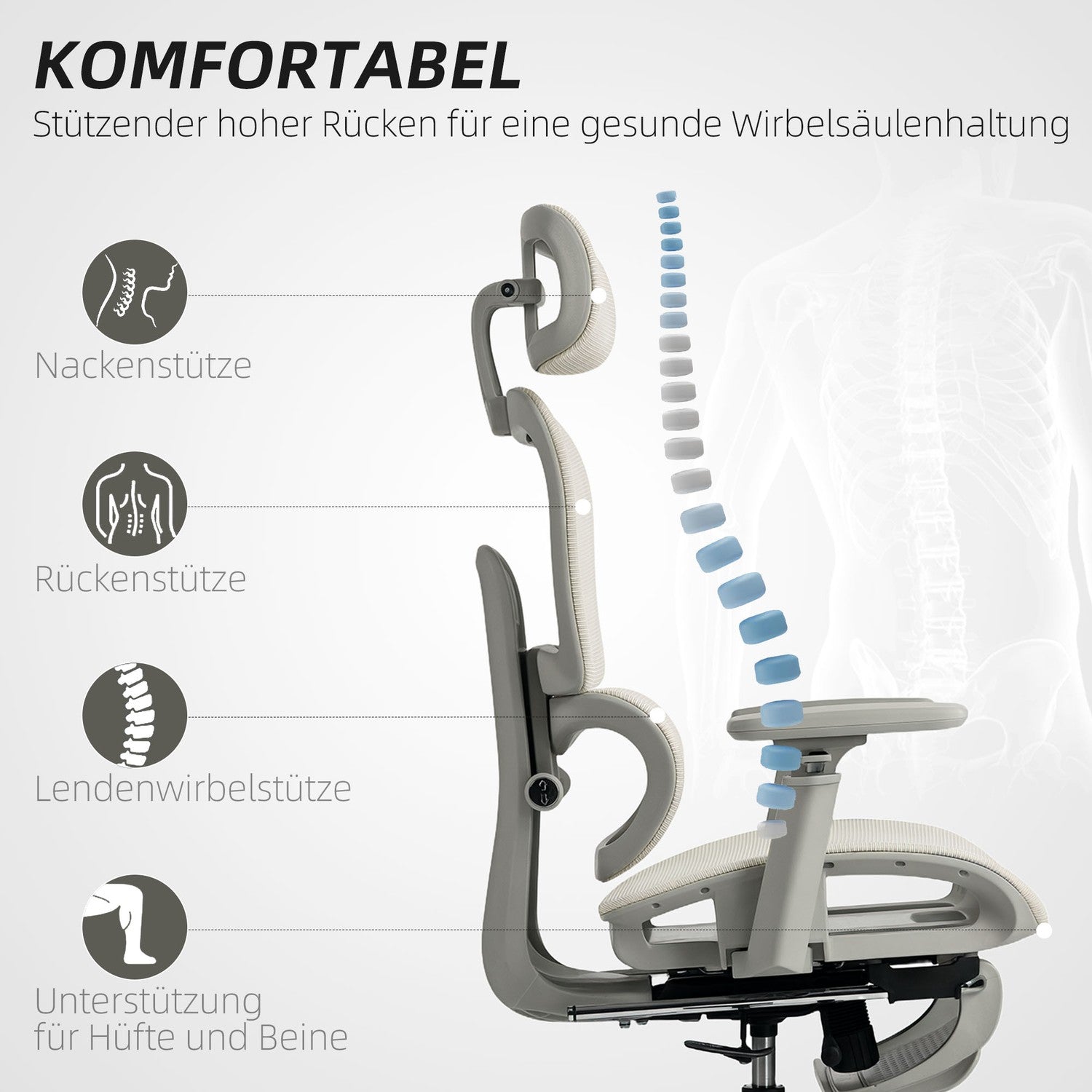 Ergonomisk kontorsstol, justerbart nät, armstöd, beige