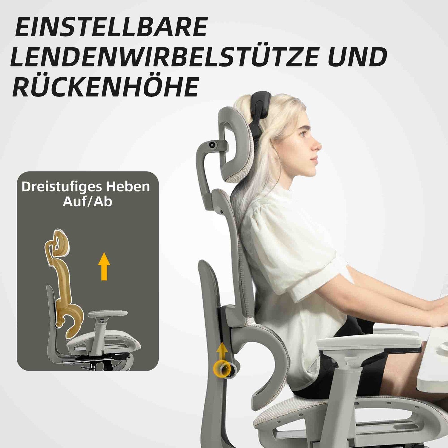 Ergonomisk kontorsstol, justerbart nät, armstöd, beige