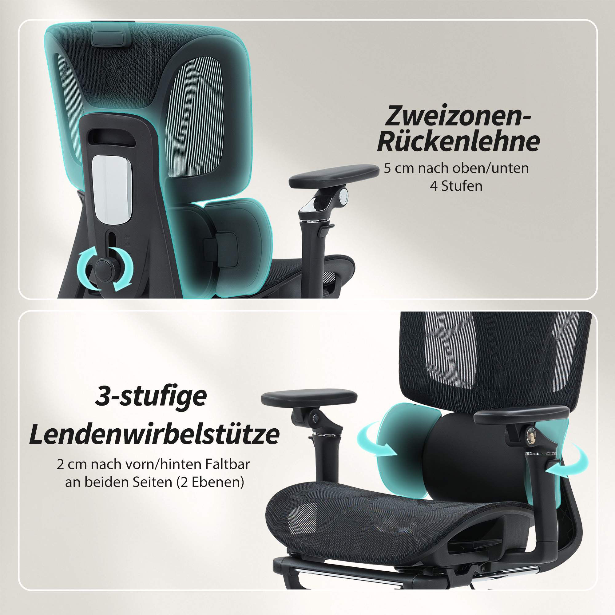 Ergonomisk kontorsstol, justerbart svank- och nackstöd, svart nät