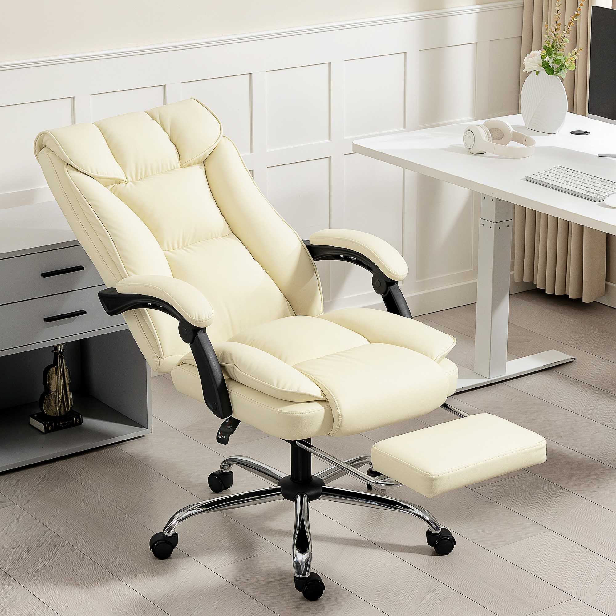 Ergonomisk kontorsstol med fotstöd, konstläder, beige/svart