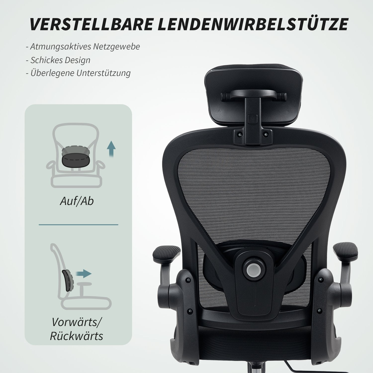 Ergonomisk kontorsstol med justerbart nackstöd och svankstöd
