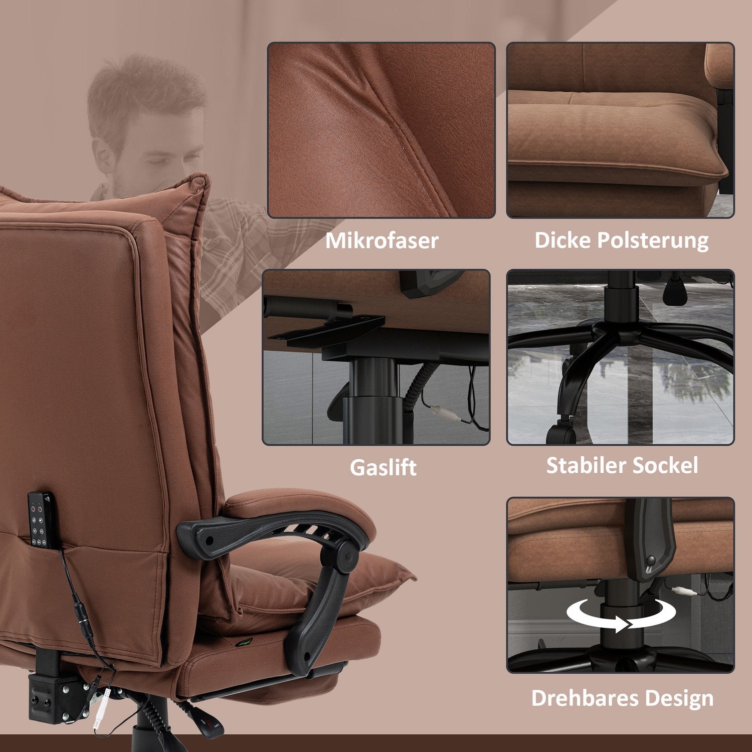 Ergonomisk kontorsstol med massage, 155° lutning – brun
