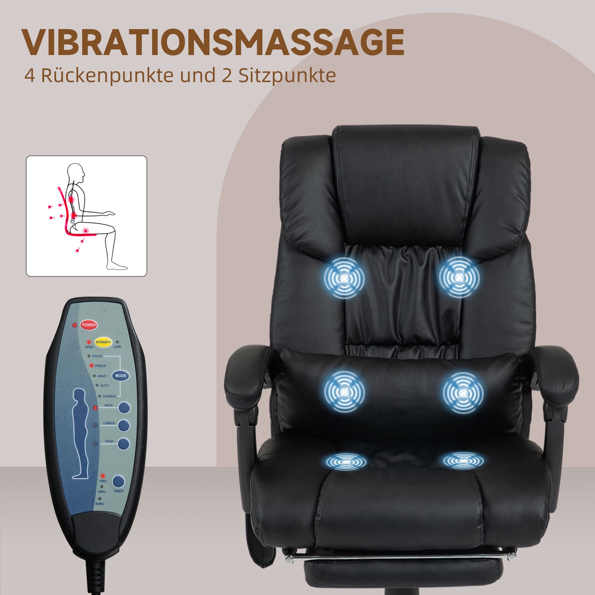 Ergonomisk kontorsstol med massage, fotstöd, svart