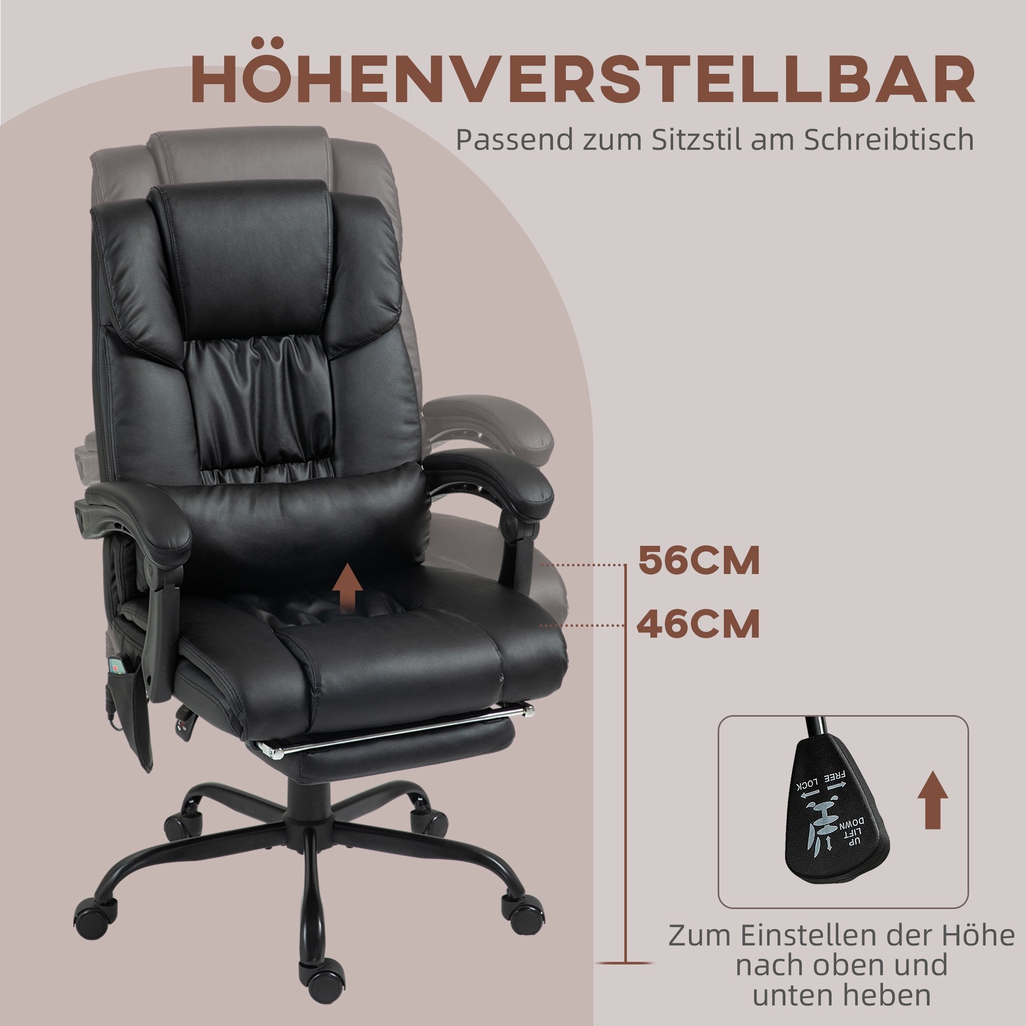 Ergonomisk kontorsstol med massage, fotstöd, svart